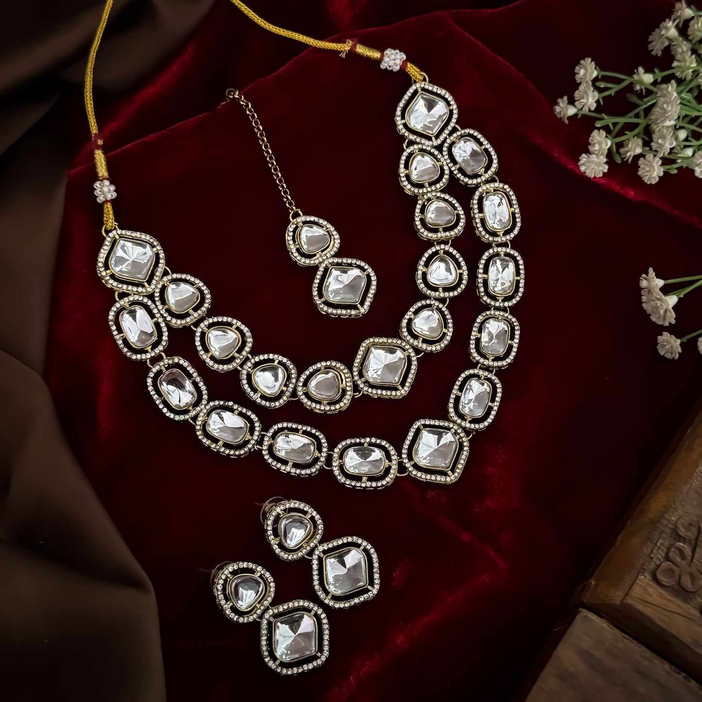 Gulnaj Double Layer Designer Zircone Golden Polki Lookalike Necklace Set