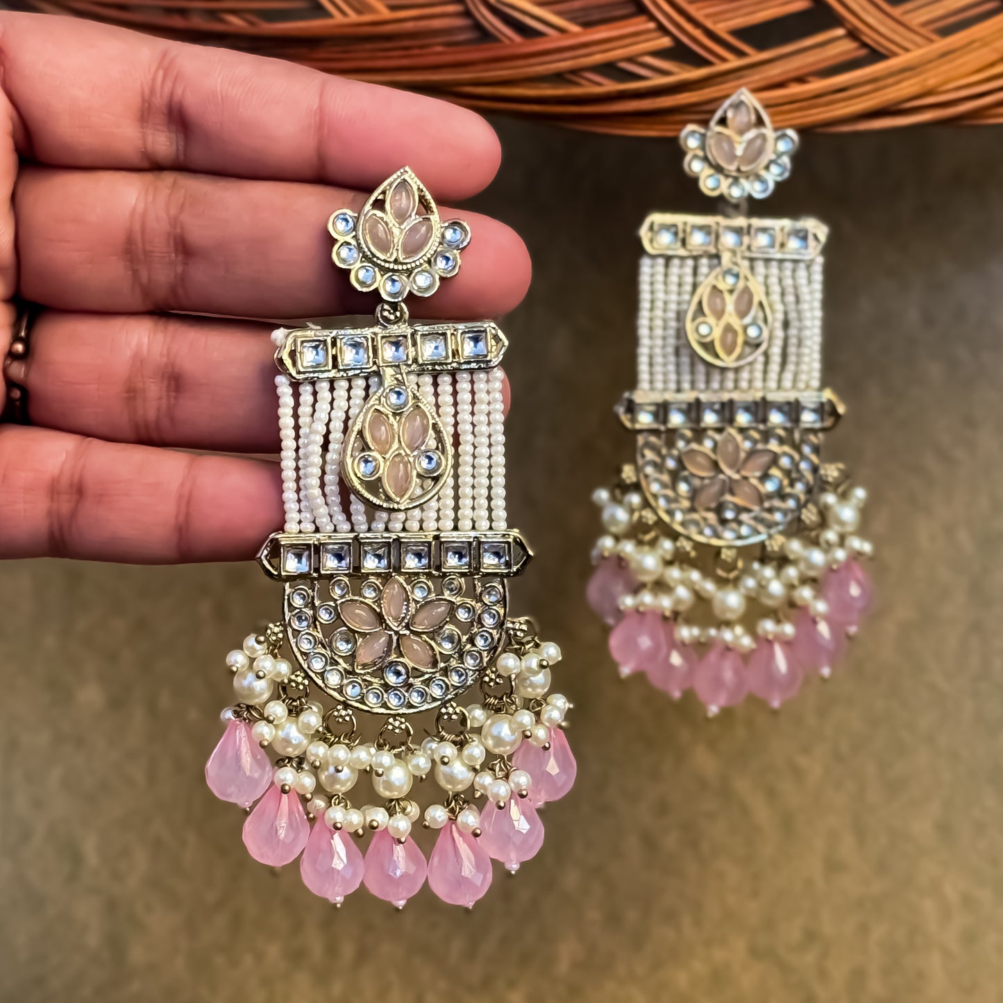 Kamya Pearl Chandbali Earrings- Baby Pink