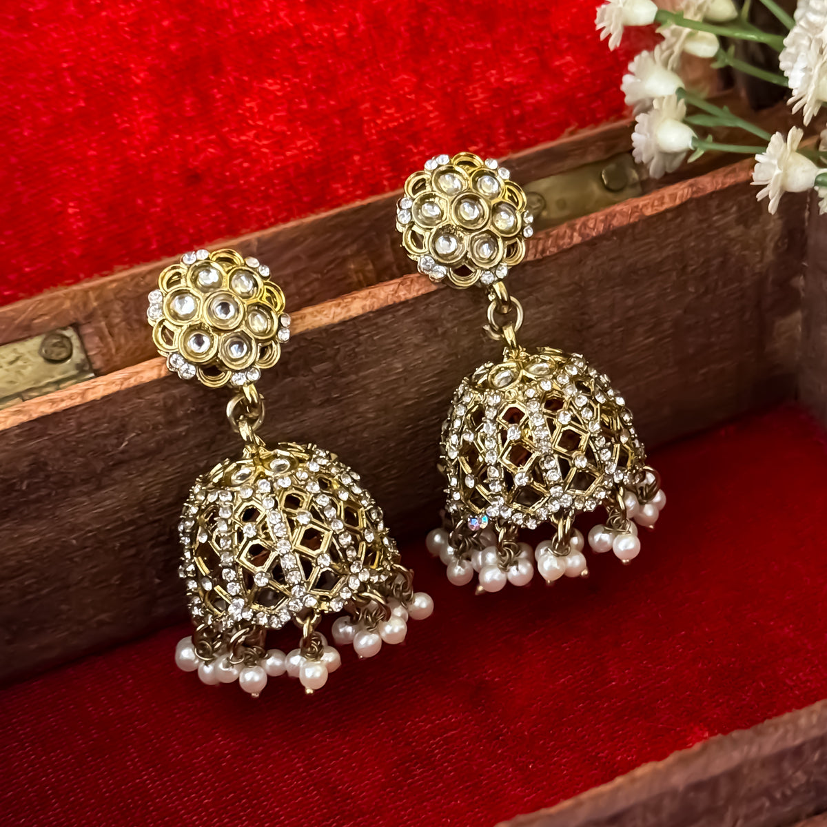 Golden Hanika Cutwork Jhumka Earrings