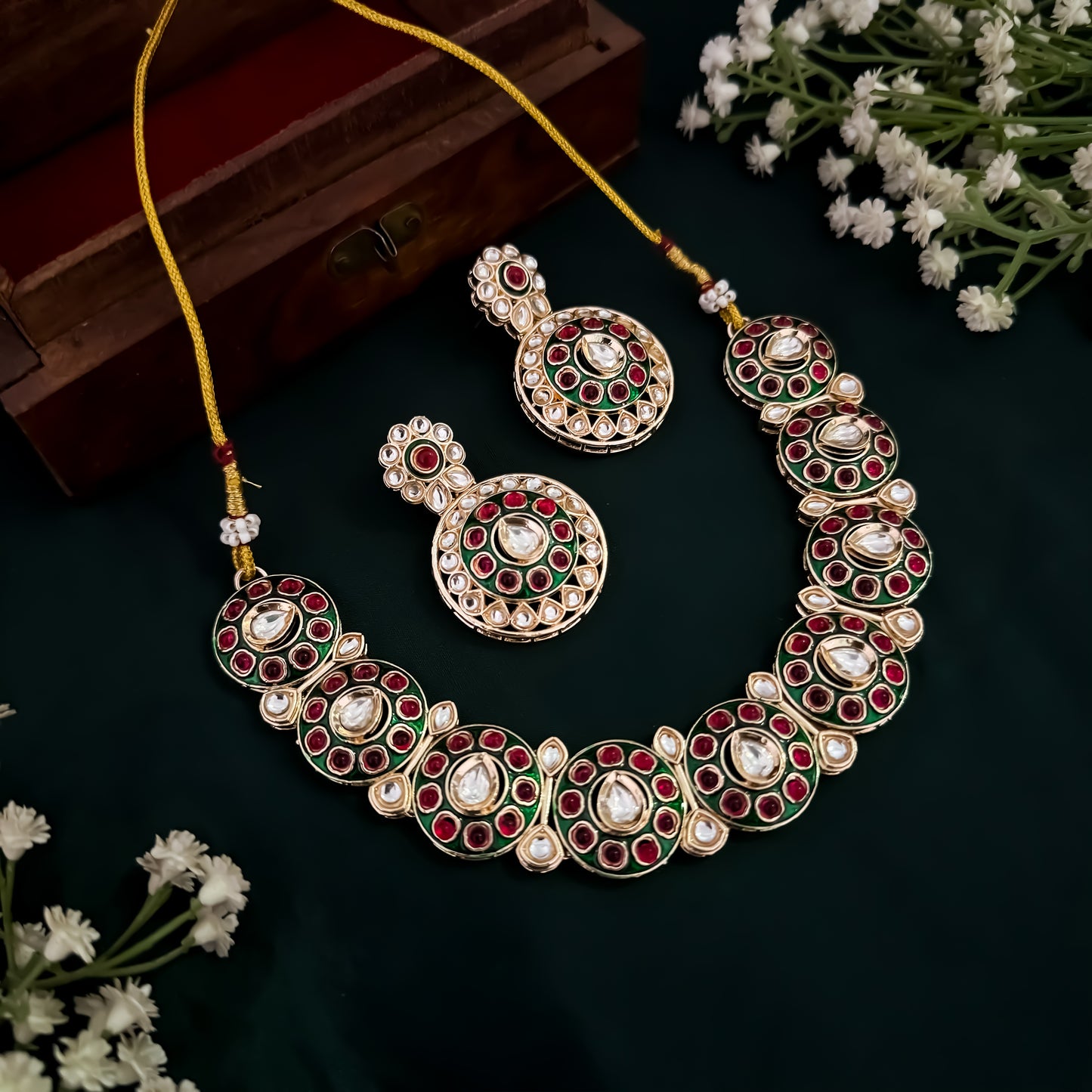 Brinda Kundan Necklace Set- Pink & Green