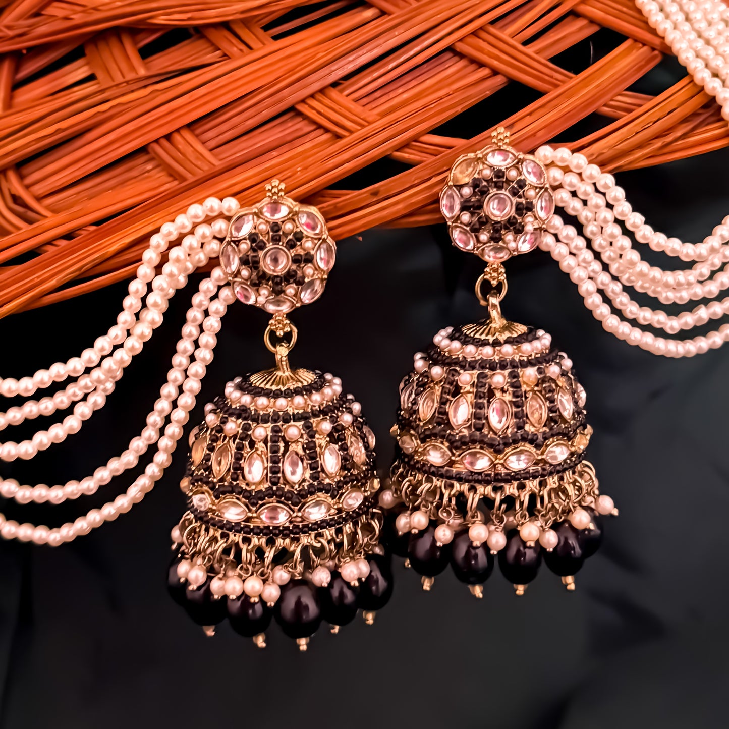 Mehvish Jadau Reverse AD Jhumka Earrings with Earchain - Black