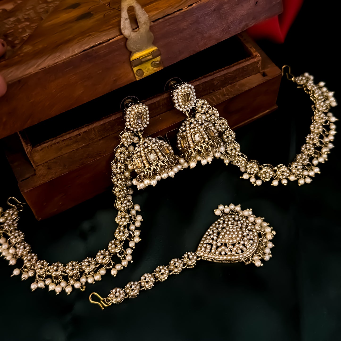 Aarzoo Jadau Reverse AD Jhumka Earrings with Sahara & Teeka - Golden