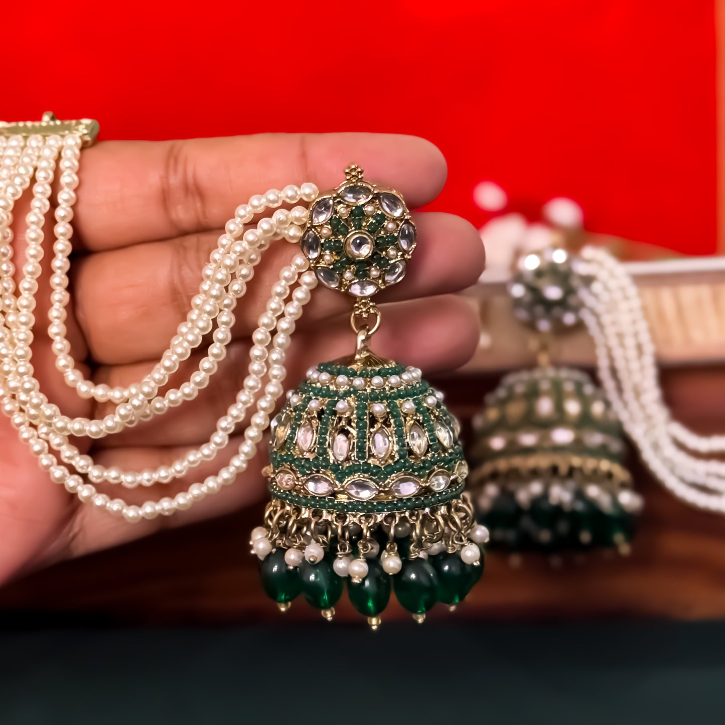 Mehvish Jadau Reverse AD Jhumka Earrings with Earchain - Green