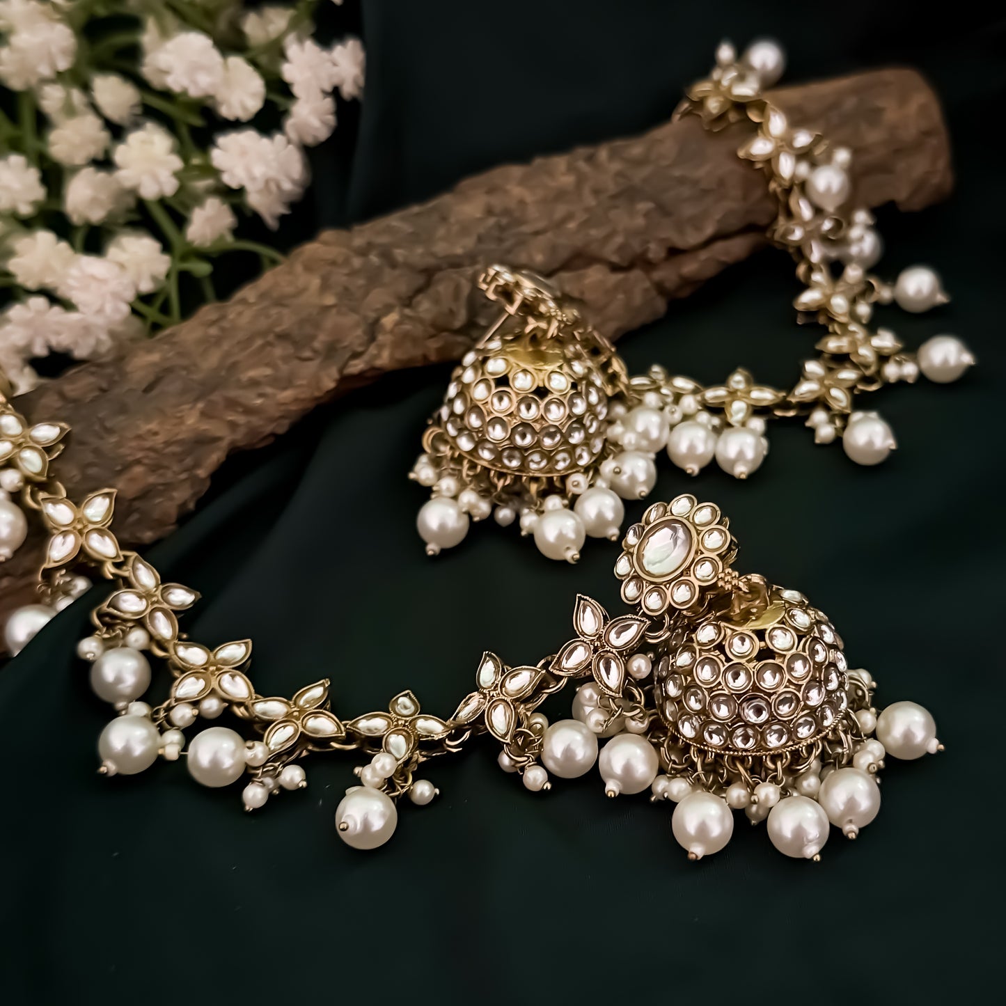 Kashi Kundan Jhumka Earrings with Sahara/Earchains - Golden