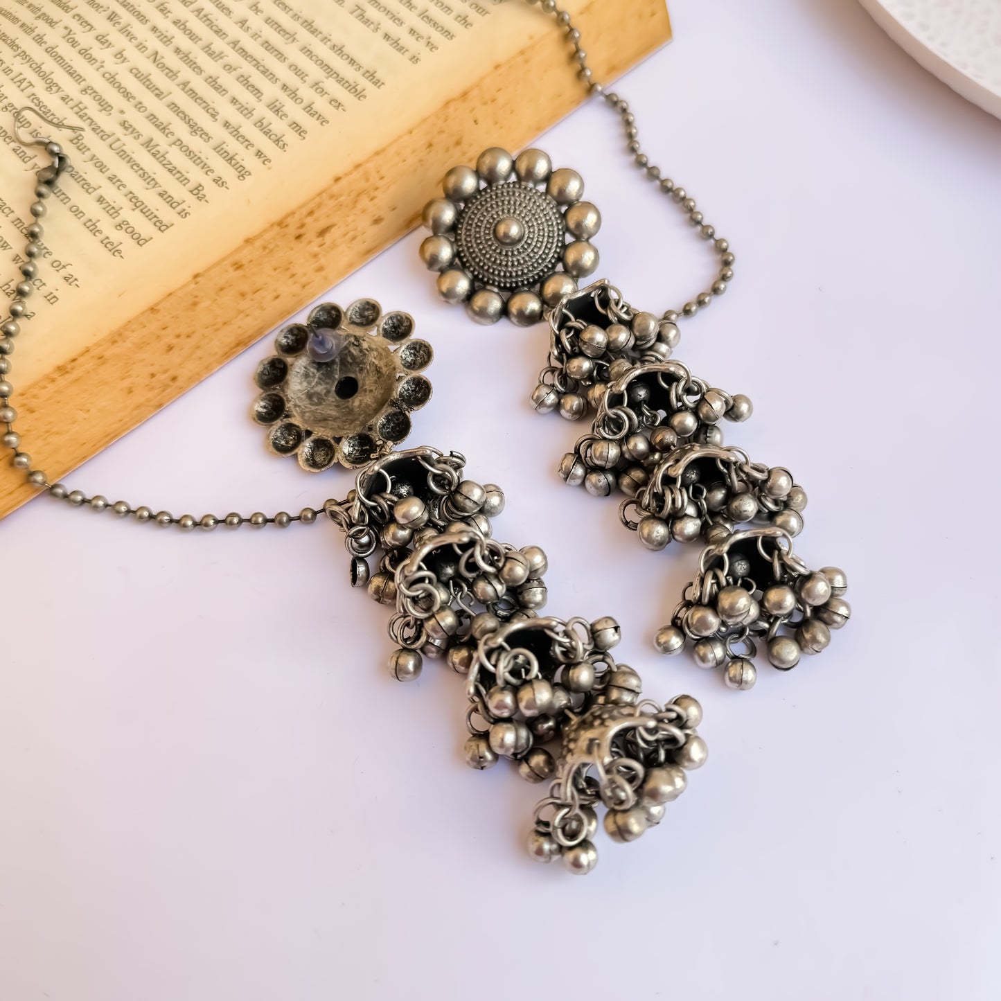 Ghunghroo Jhumka Silver Oxidised Earrings with Earchains