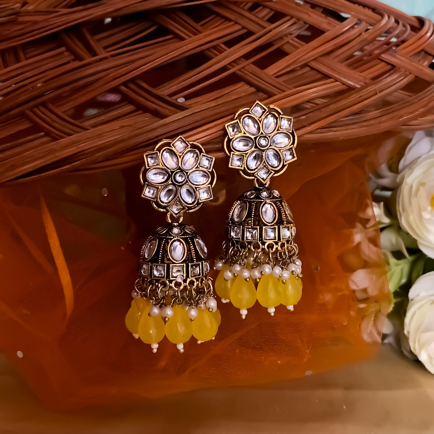 Aashika Pearl Jhumka Earrings- Yellow