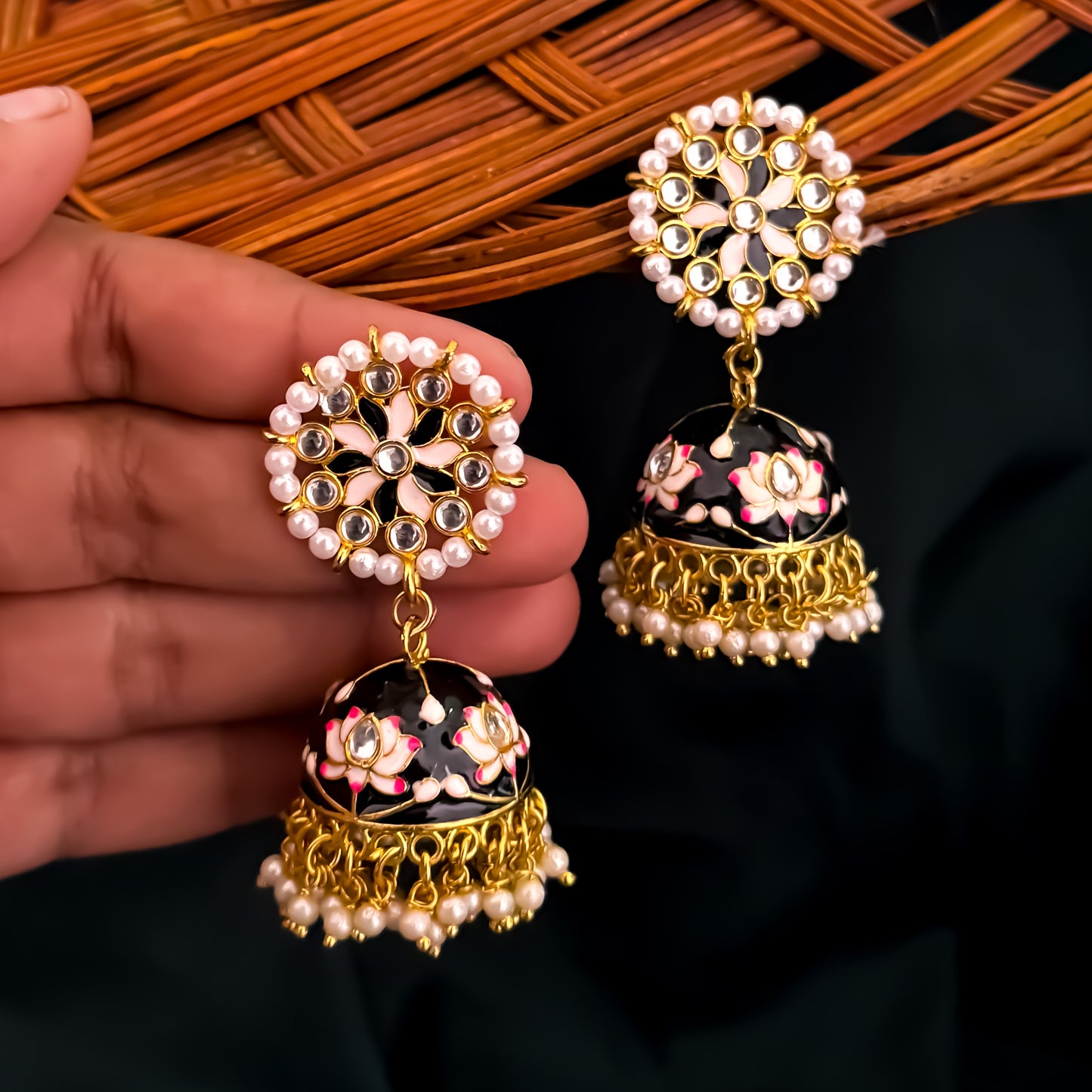 Black Meenakari Jhumka Earrings