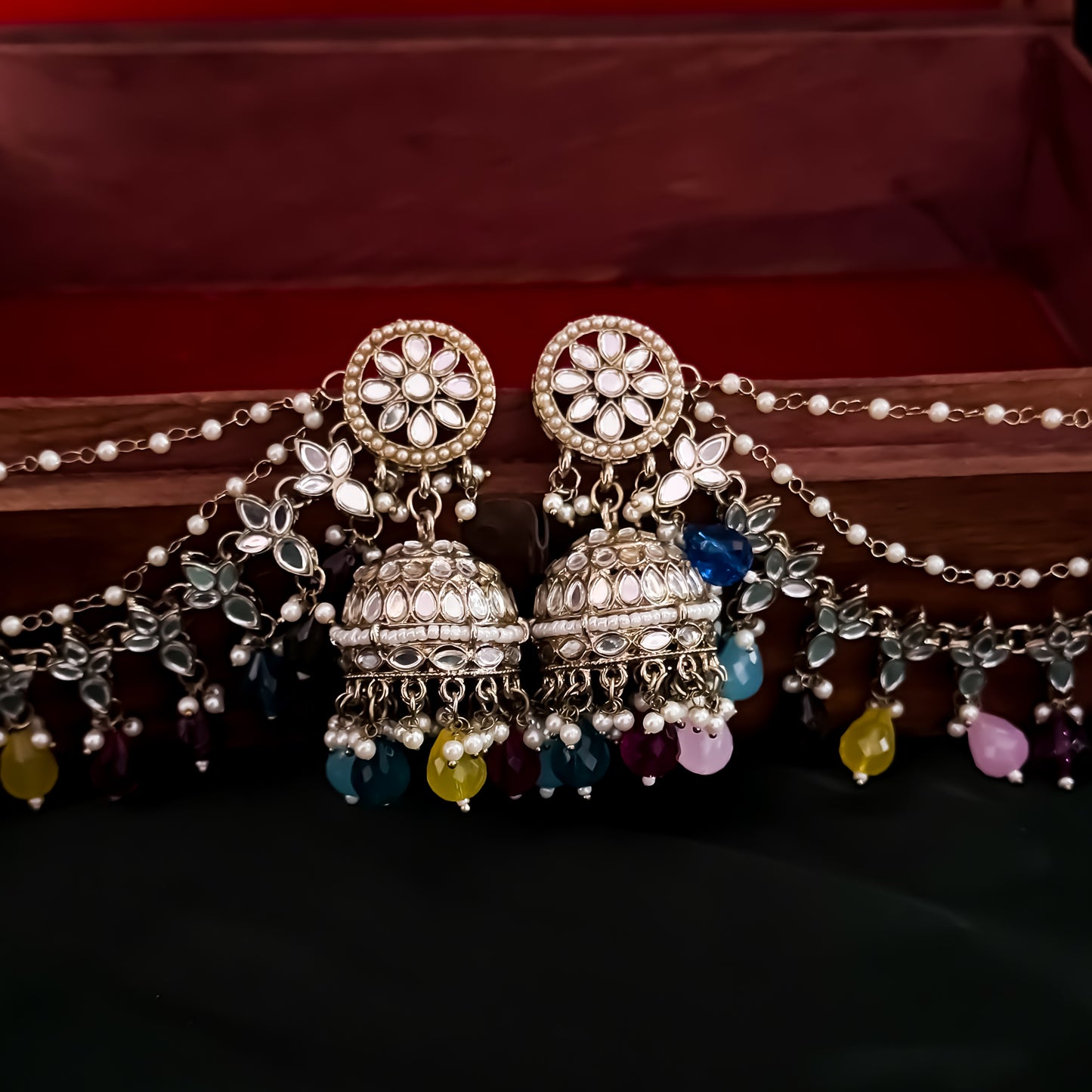 Kashish Jadau Mirror Jhumka Earrings with Sahara/Earchains - Multi