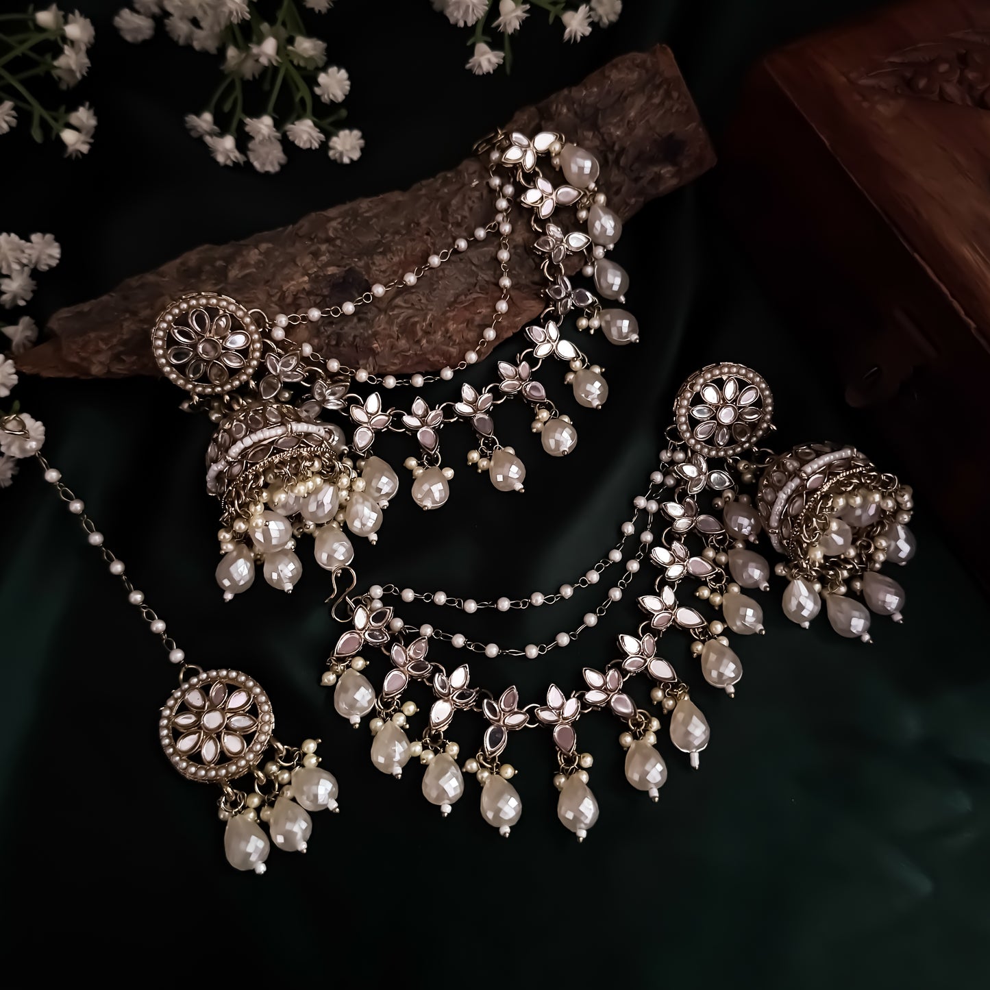 Kashish Jadau Mirror Jhumka Earrings with Sahara/Earchains - Golden