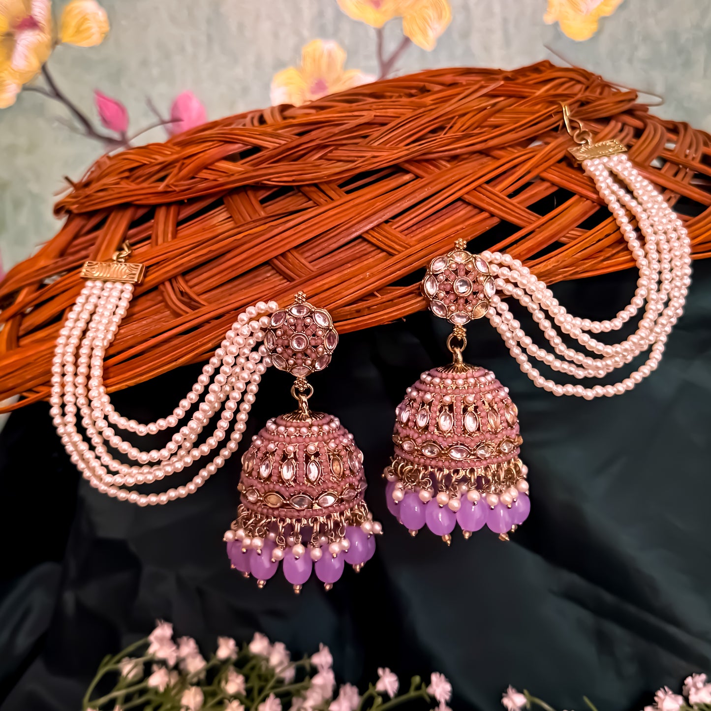 Mehvish Jadau Reverse AD Jhumka Earrings with Earchain - Lavender
