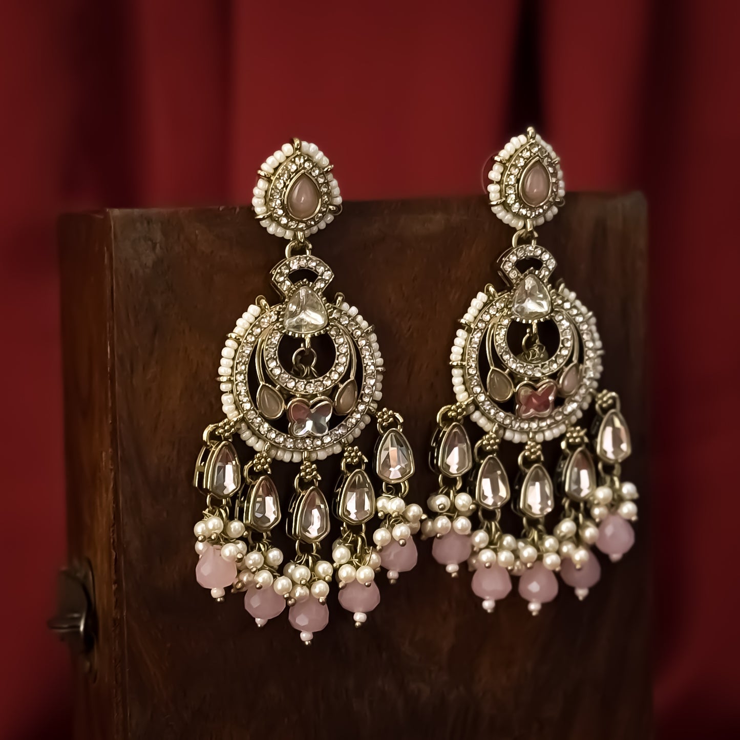 Athiya Kundan Pearl Premium Chandbali Earrings - Baby Pink