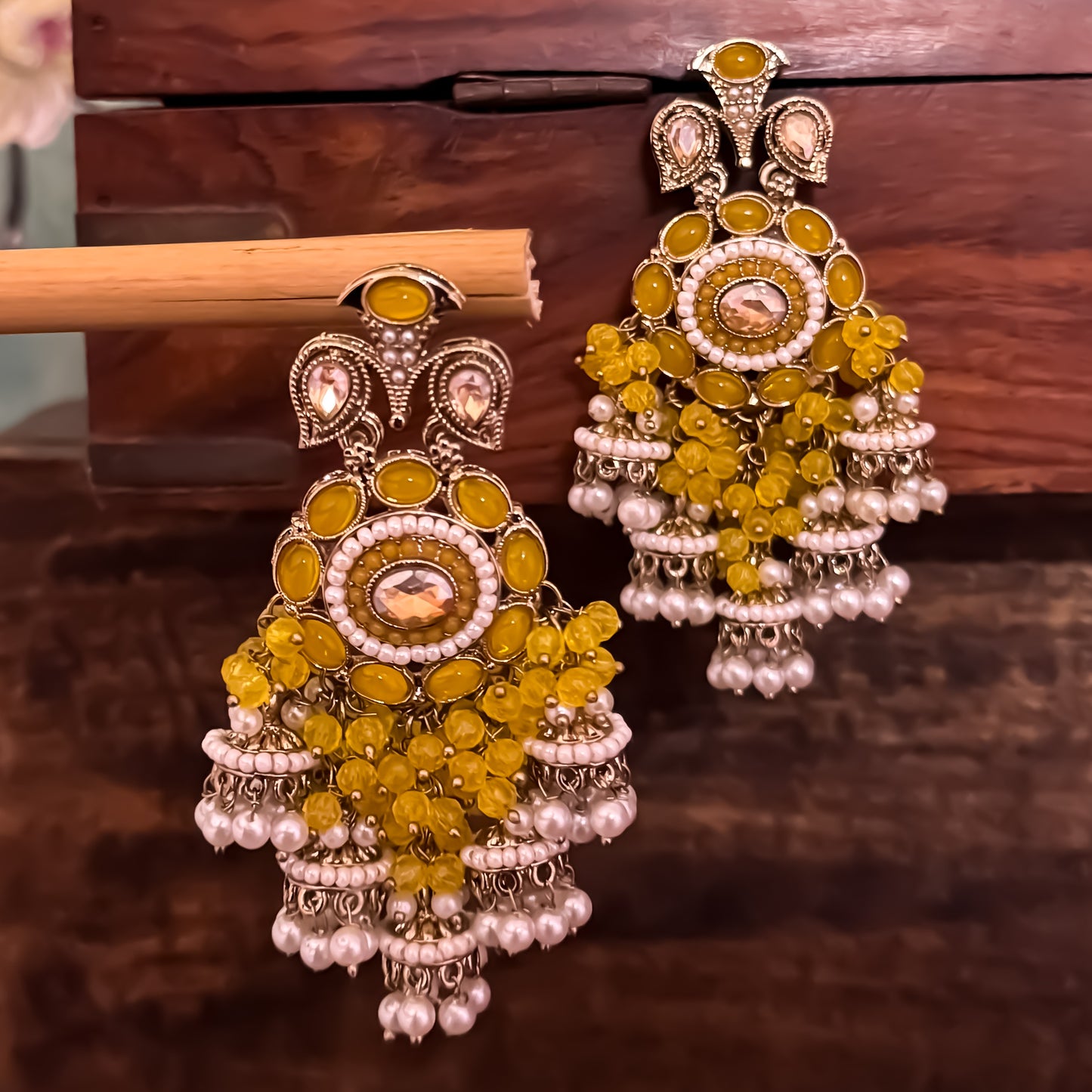 Heer Pearl Jhumka Chandbali Earrings - Yellow