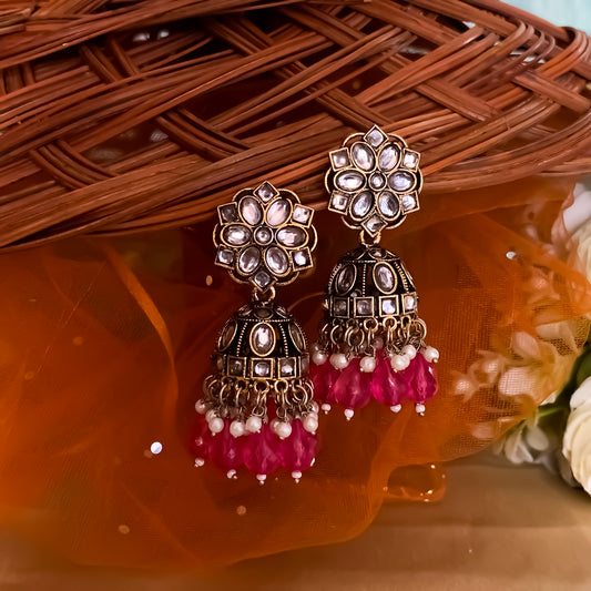 Aashika Pearl Jhumka Earrings- Pink