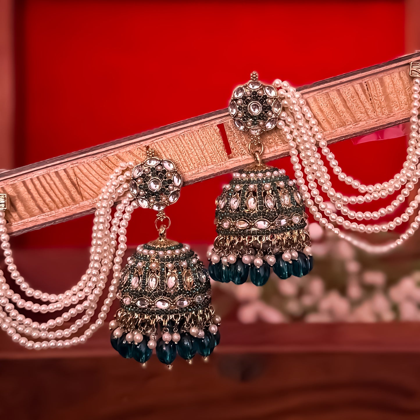 Mehvish Jadau Reverse AD Jhumka Earrings with Earchain - Peacock Blue
