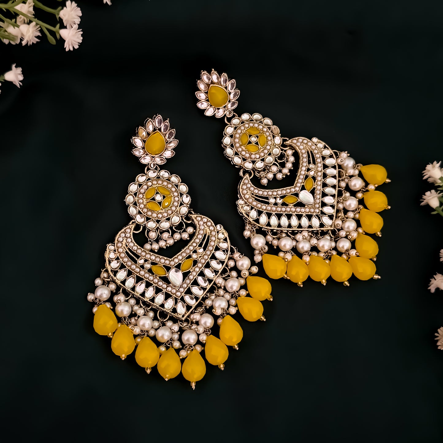 Shaba Jadau Kundan Chandbali Earrings - Yellow