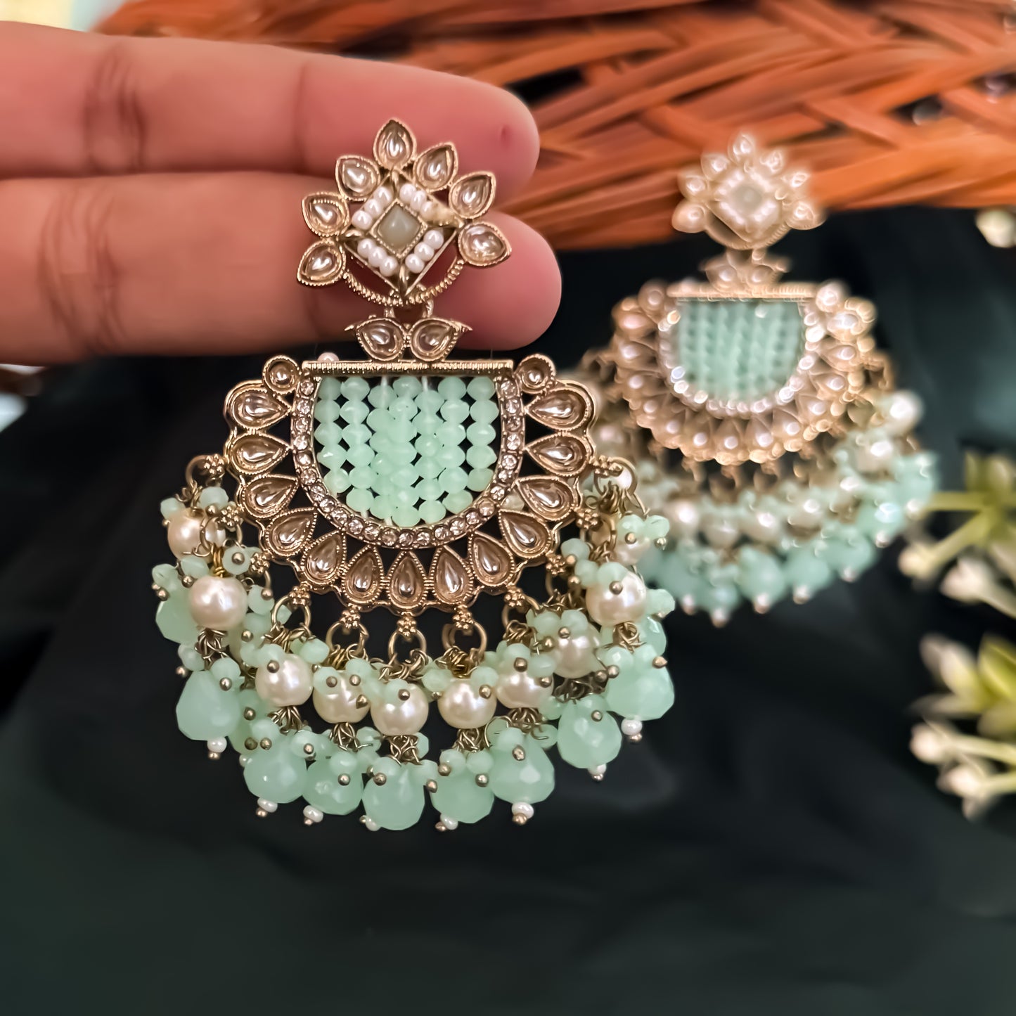Mansa Kundan Pearl Chandbali - Pistachio