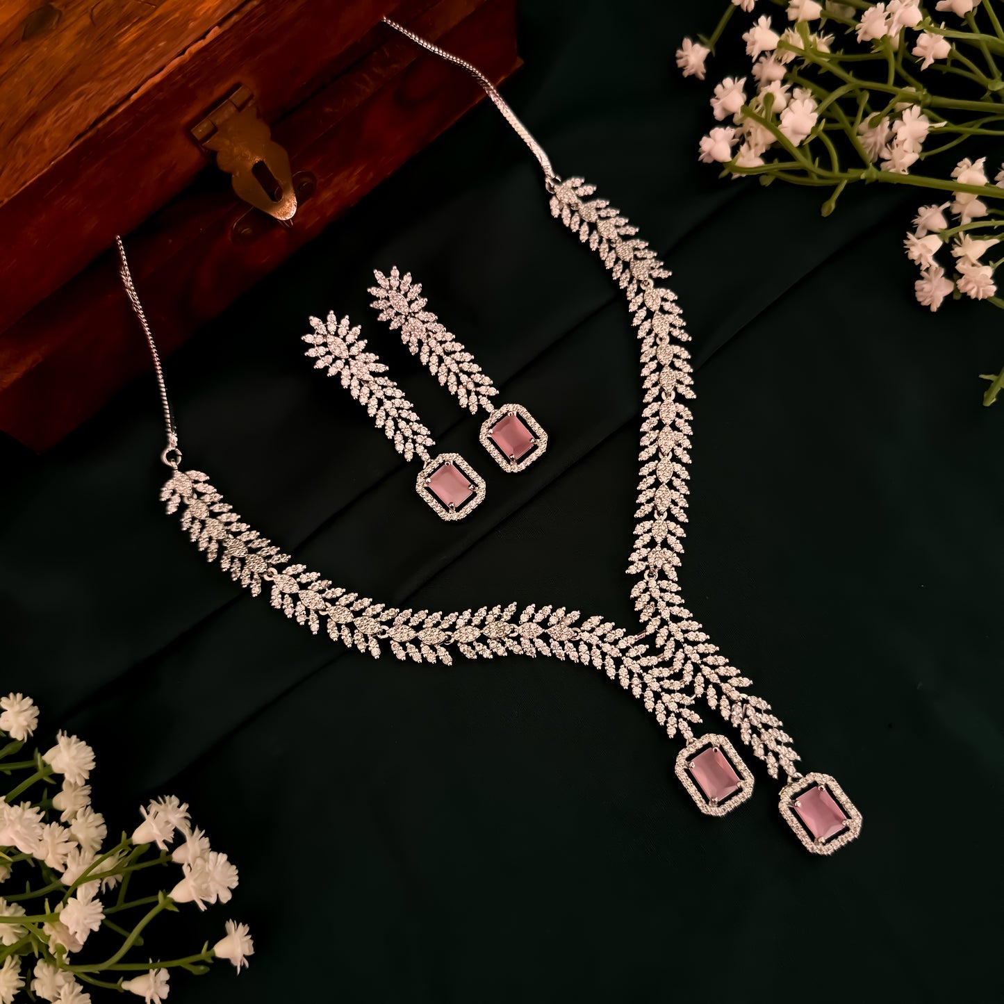 Deborah Designer Diamond Necklace Set - Pastel Pink