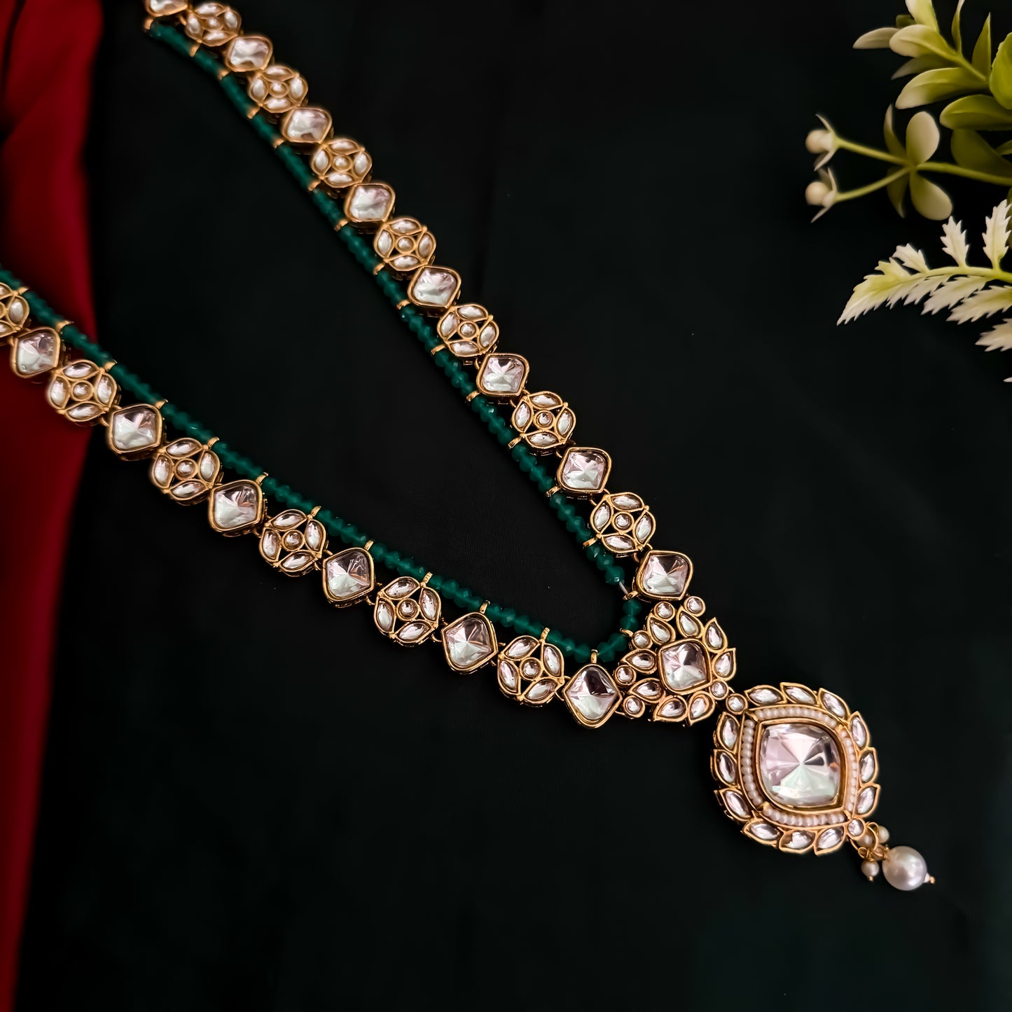 Lahari Kundan Long Necklace Set - Green