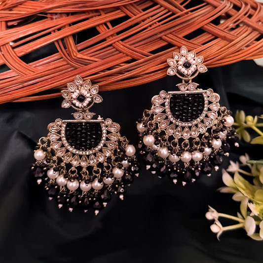 Mansa Kundan Pearl Chandbali - Black