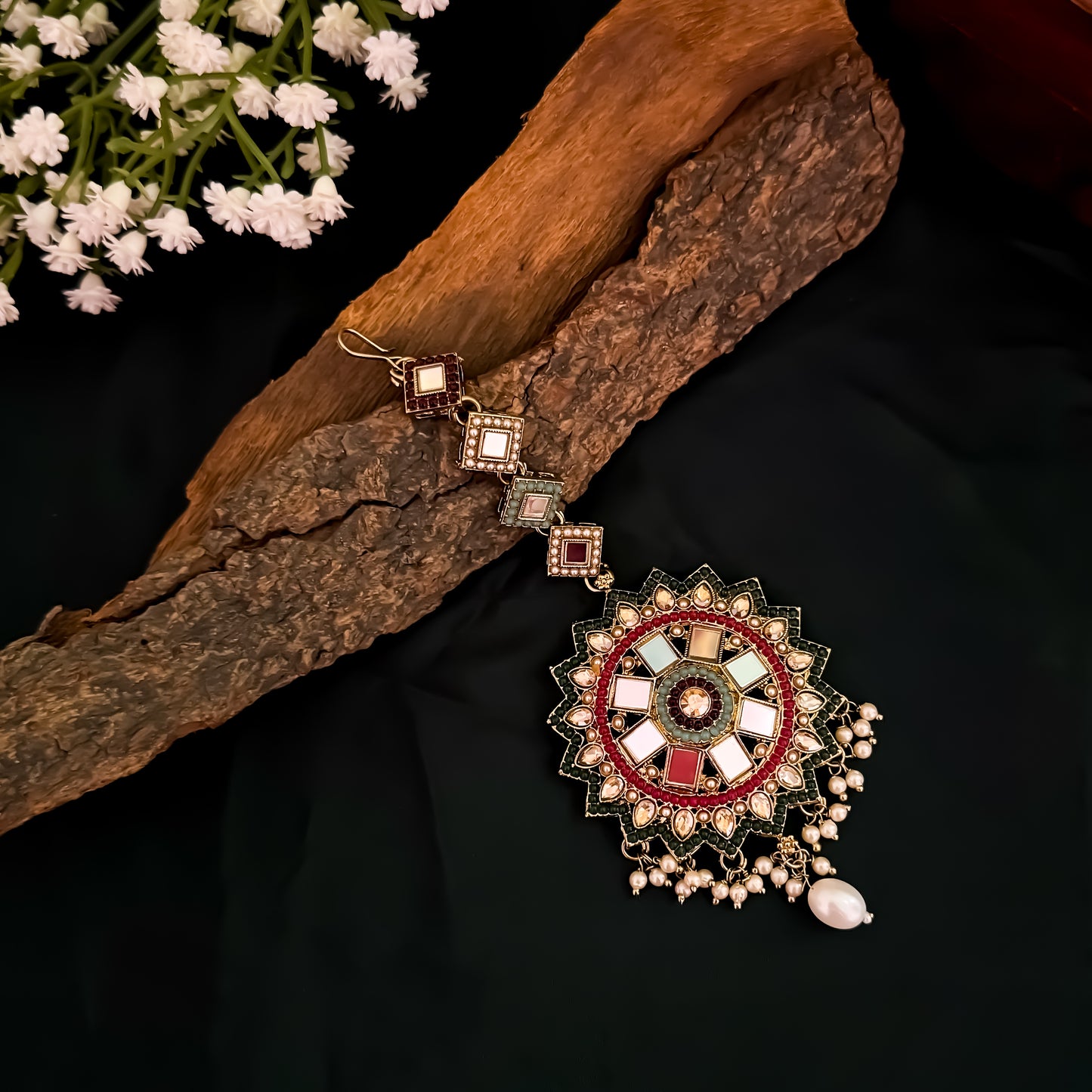 Rani Padmavat Jadau Jhumka Earrings with Sahara & Teeka - Multi
