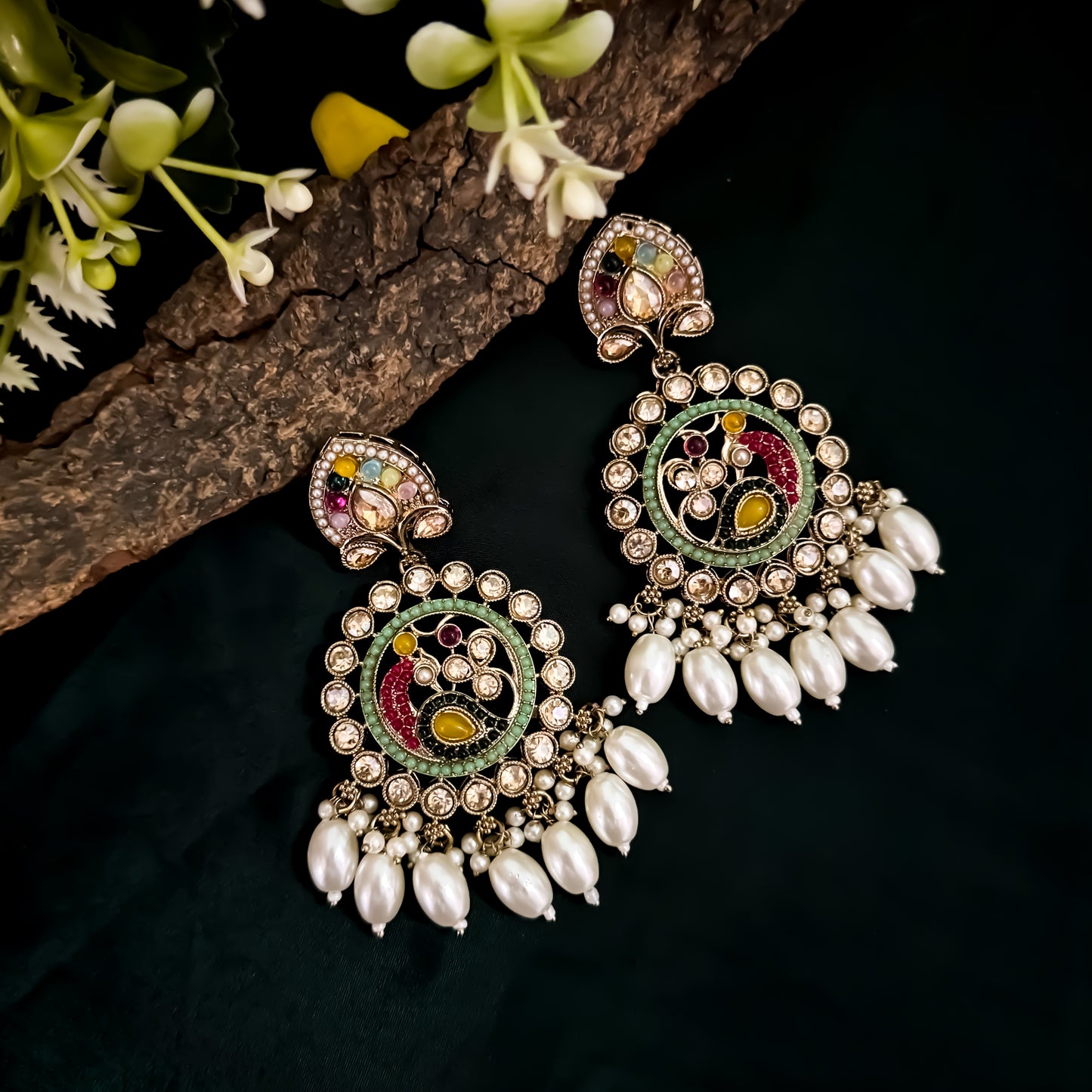 Lisha Jadau (Reverse AD) Earrings & Mangtika Set - Multi