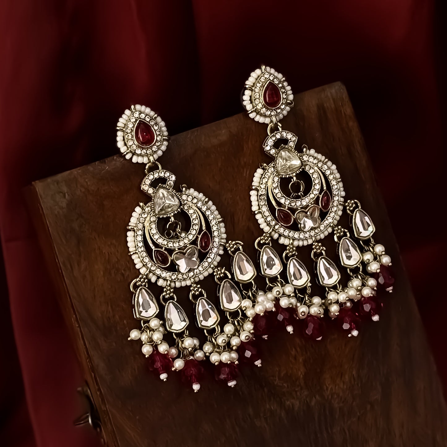 Athiya Kundan Pearl Premium Chandbali Earrings - Magenta Pink