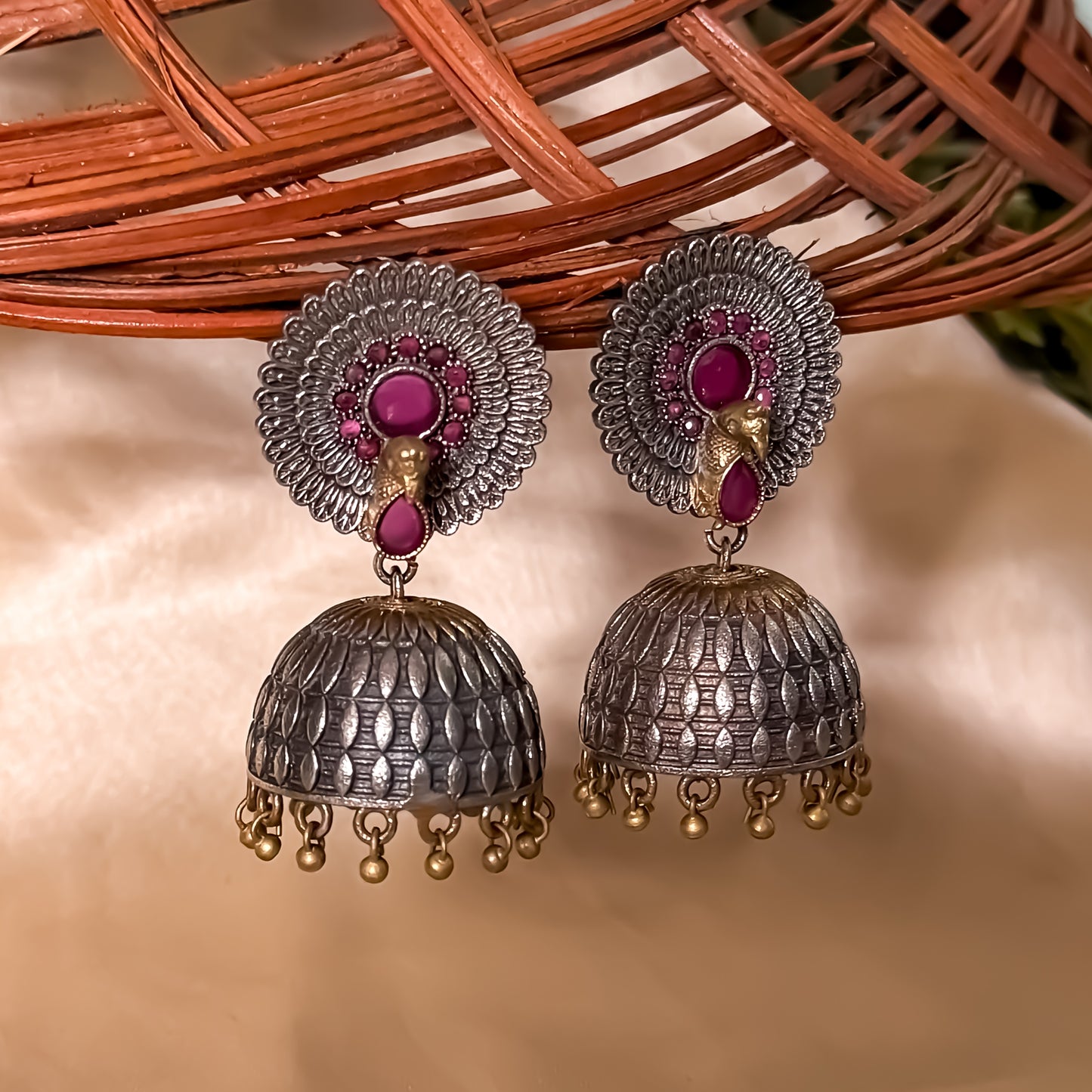 Mayuri 3D SLA Dual Tone Brass Jhumka Earring - Ruby