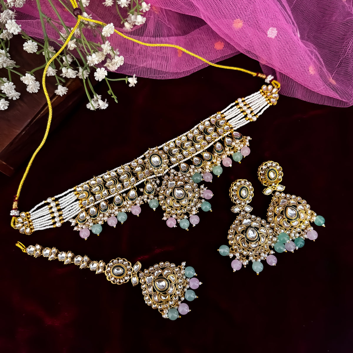 Pastel Pink & Green Rosen Kundan Choker Necklace Set