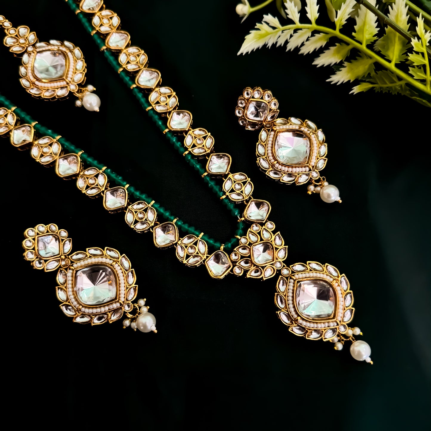 Lahari Kundan Long Necklace Set - Green