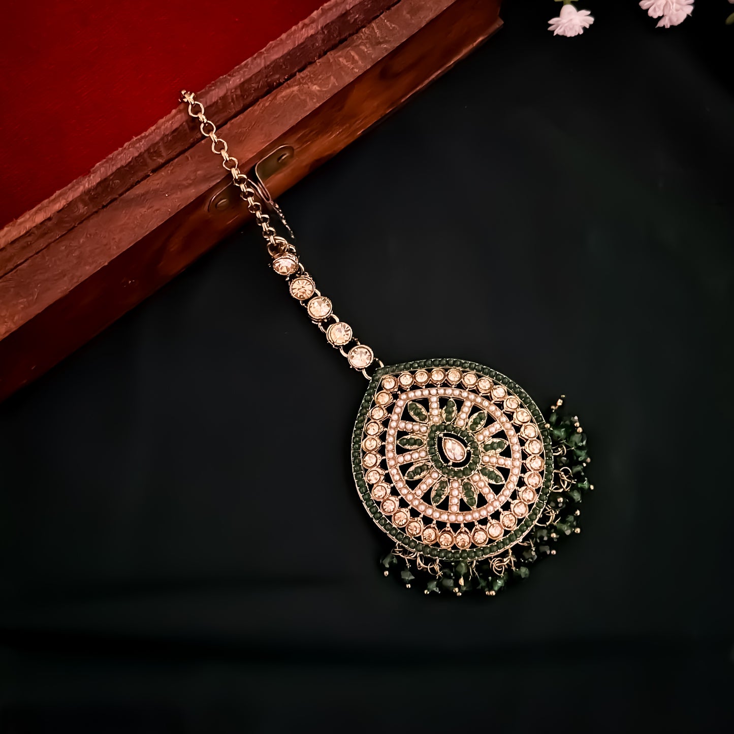 Sahana Jadau Preminum Reverse AD Gantnan Necklace Set with Teeka & Pasha - Green