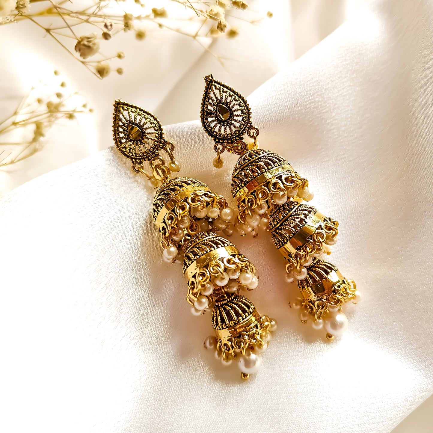 Triple Layered Floral Golden Jhumki