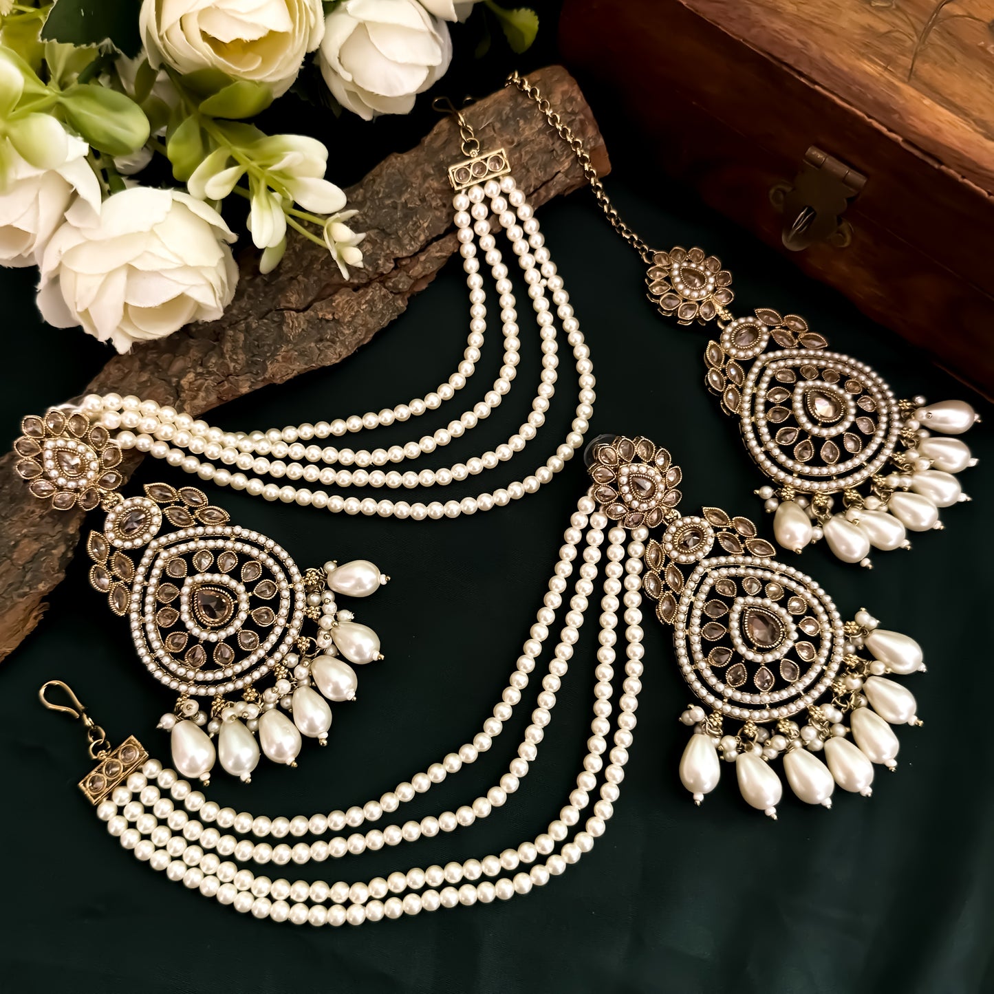 Kanika Jadau (Reverse AD)Chandbali Sahara Earrings & Mangtika Set - Ivory/Golden