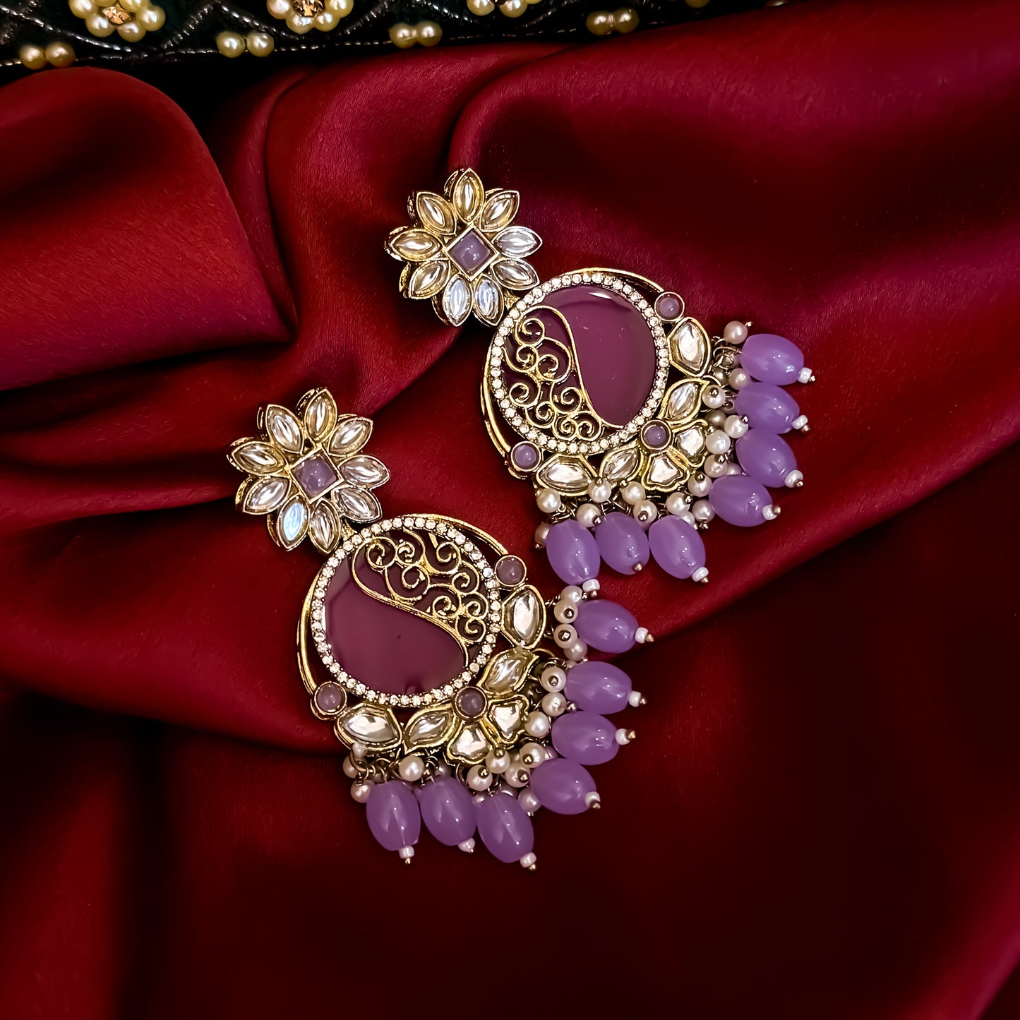 Ishika Cutwork MOP Premium Chandbali Earrings - Lavender