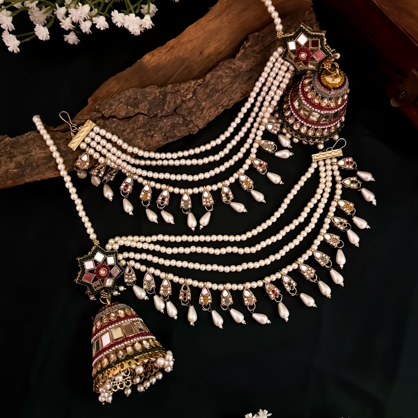 Rani Padmavat Jadau Jhumka Earrings with Sahara & Teeka - Multi