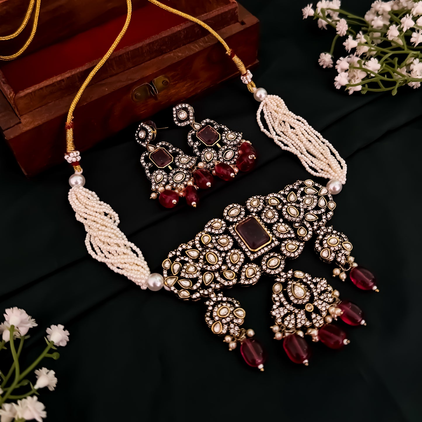 Aadhika Victorian AD Pearl Choker Necklace Set - Wine