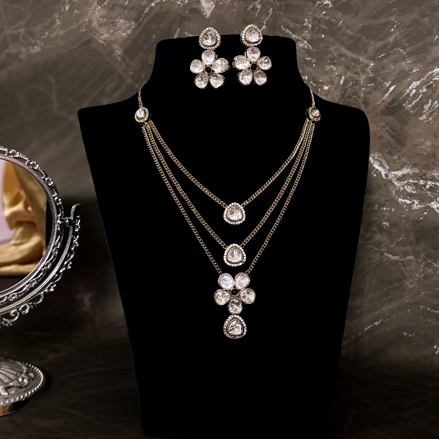 Monisa Moissanite AD 3 Layer Necklace Set- Ruby