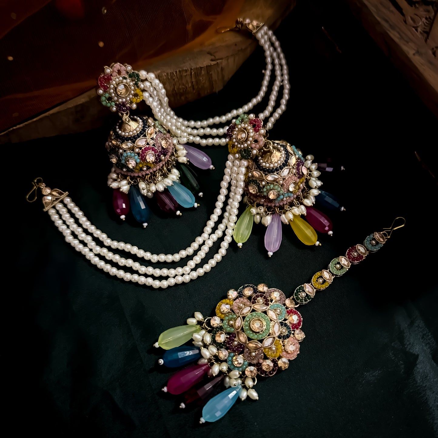 Mahtaab Jadau Reverse AD Jhumka Earrings with Earchain & Teeka - Multi