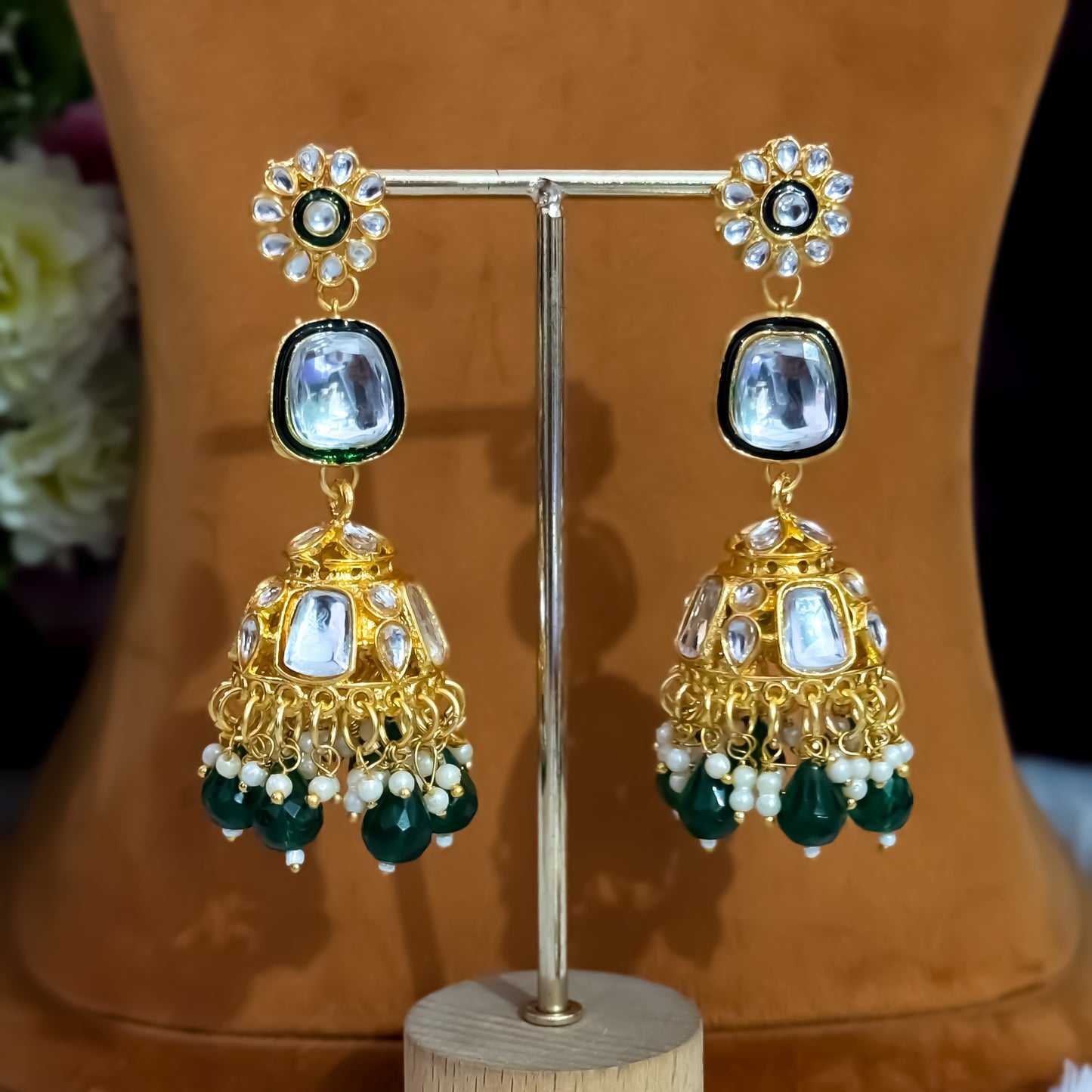 Deep Double layer Kundan Necklace Set - Green