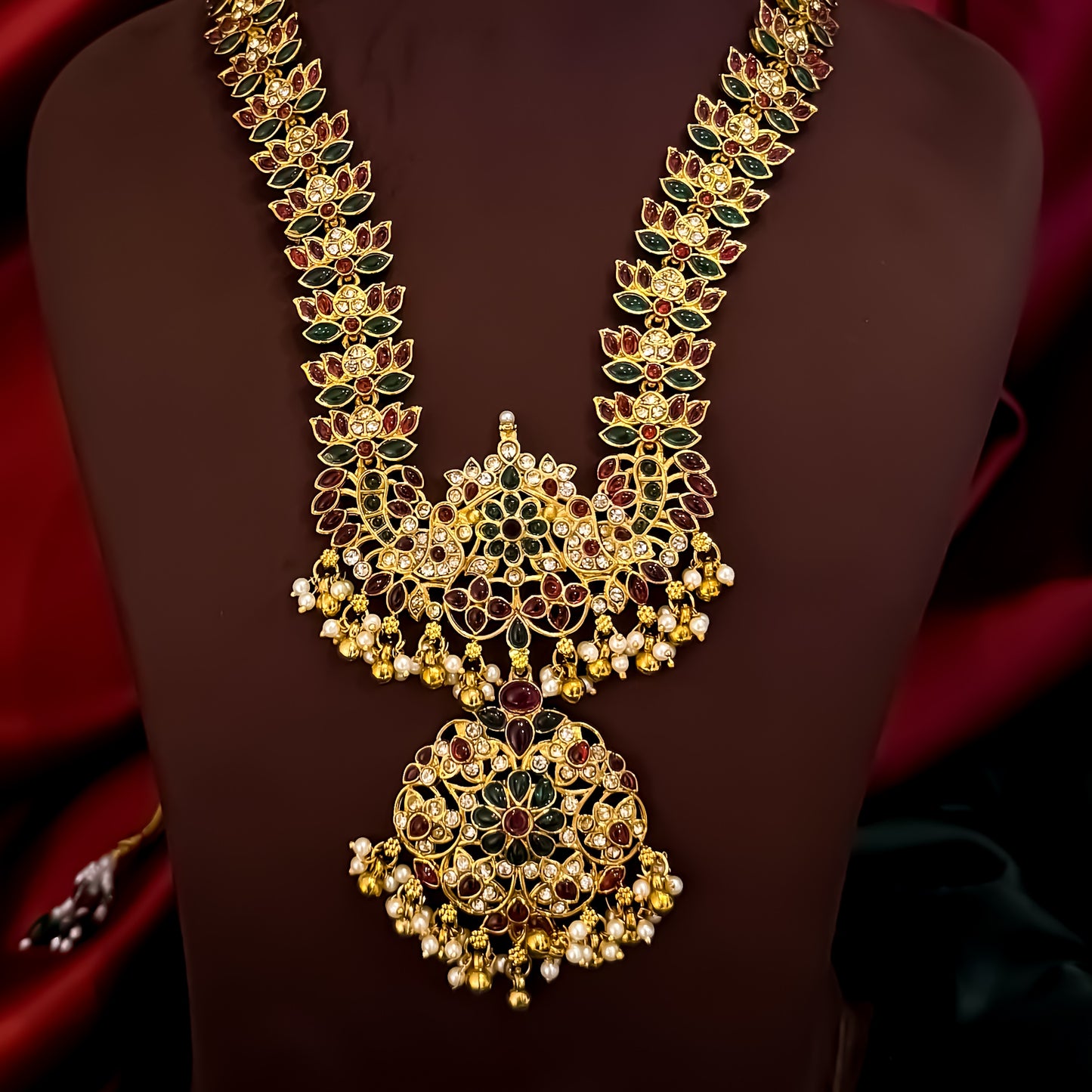 Chandrika Temple Motif Long Necklace Set - Pink & Green