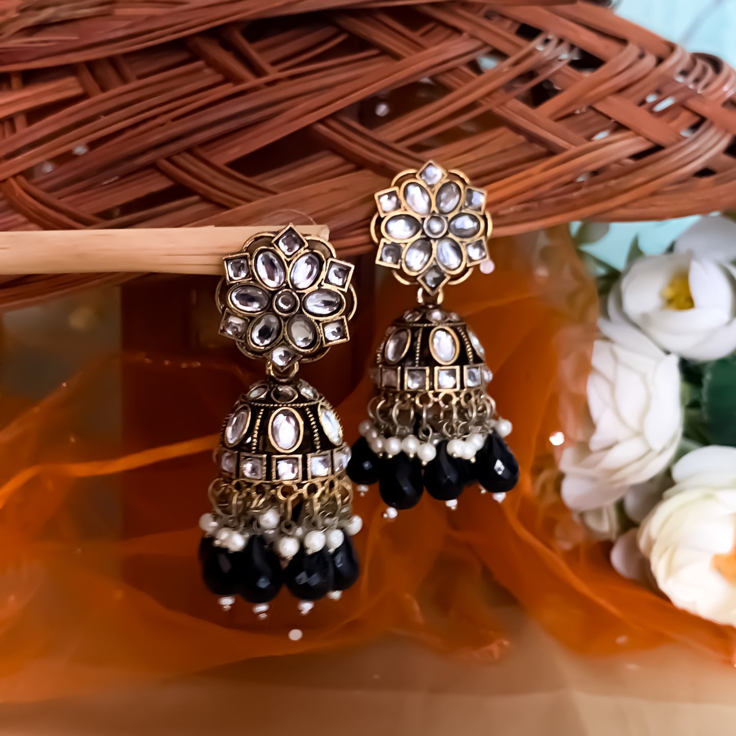 Aashika Pearl Jhumka Earrings- Black