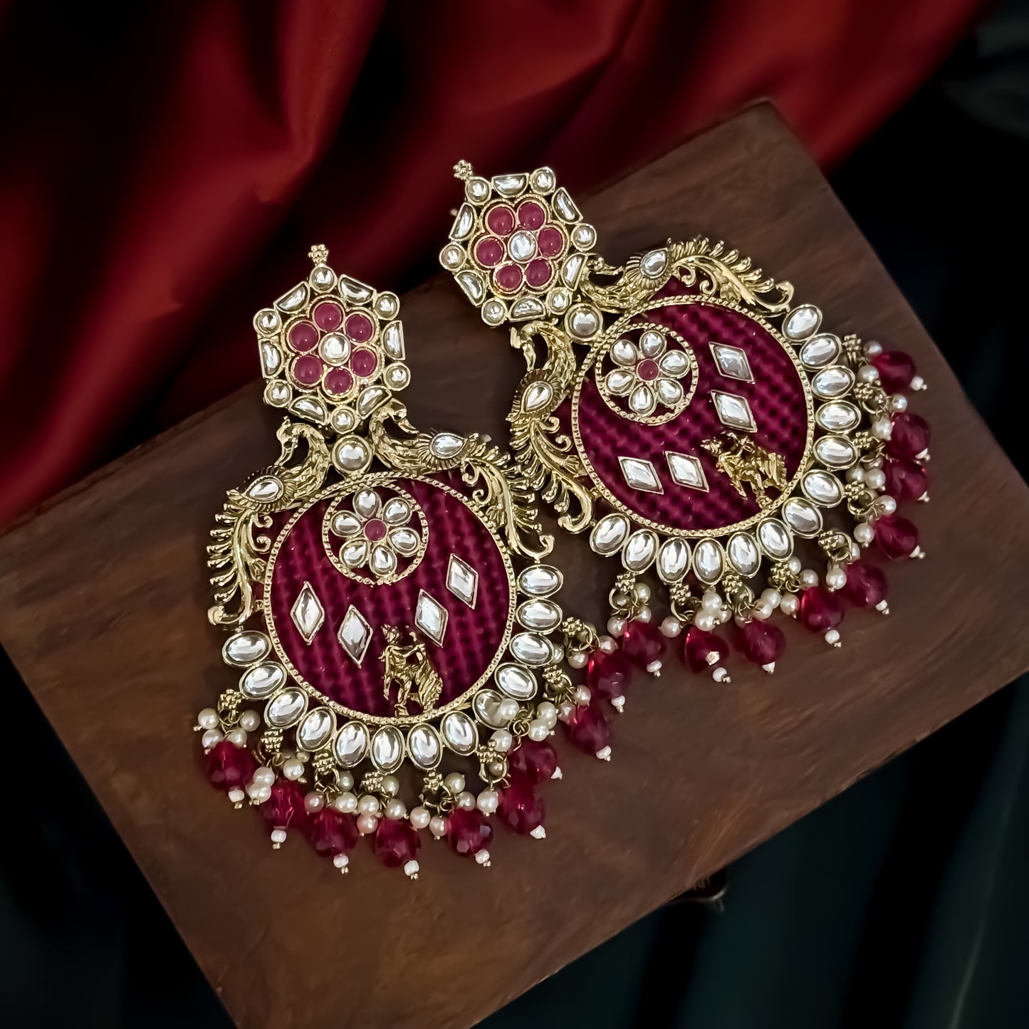 Dhwani Kundan Pearl Chandbali Earrings - Hot Pink