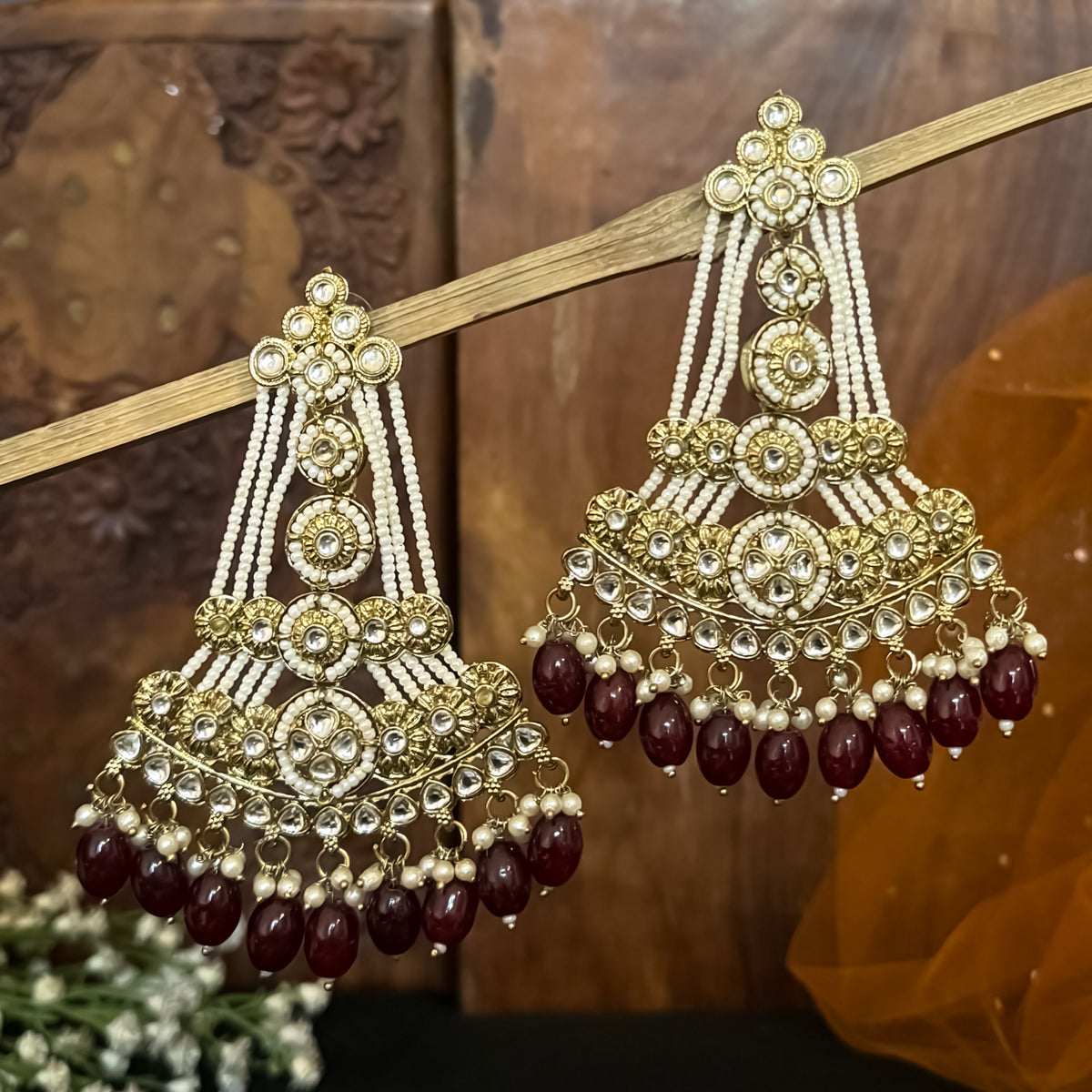 Maroon Kinza Kundan Pearl Chandbali Earrings