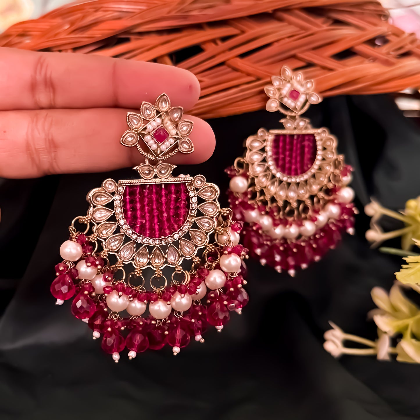 Mansa Kundan Pearl Chandbali - Hot Pink