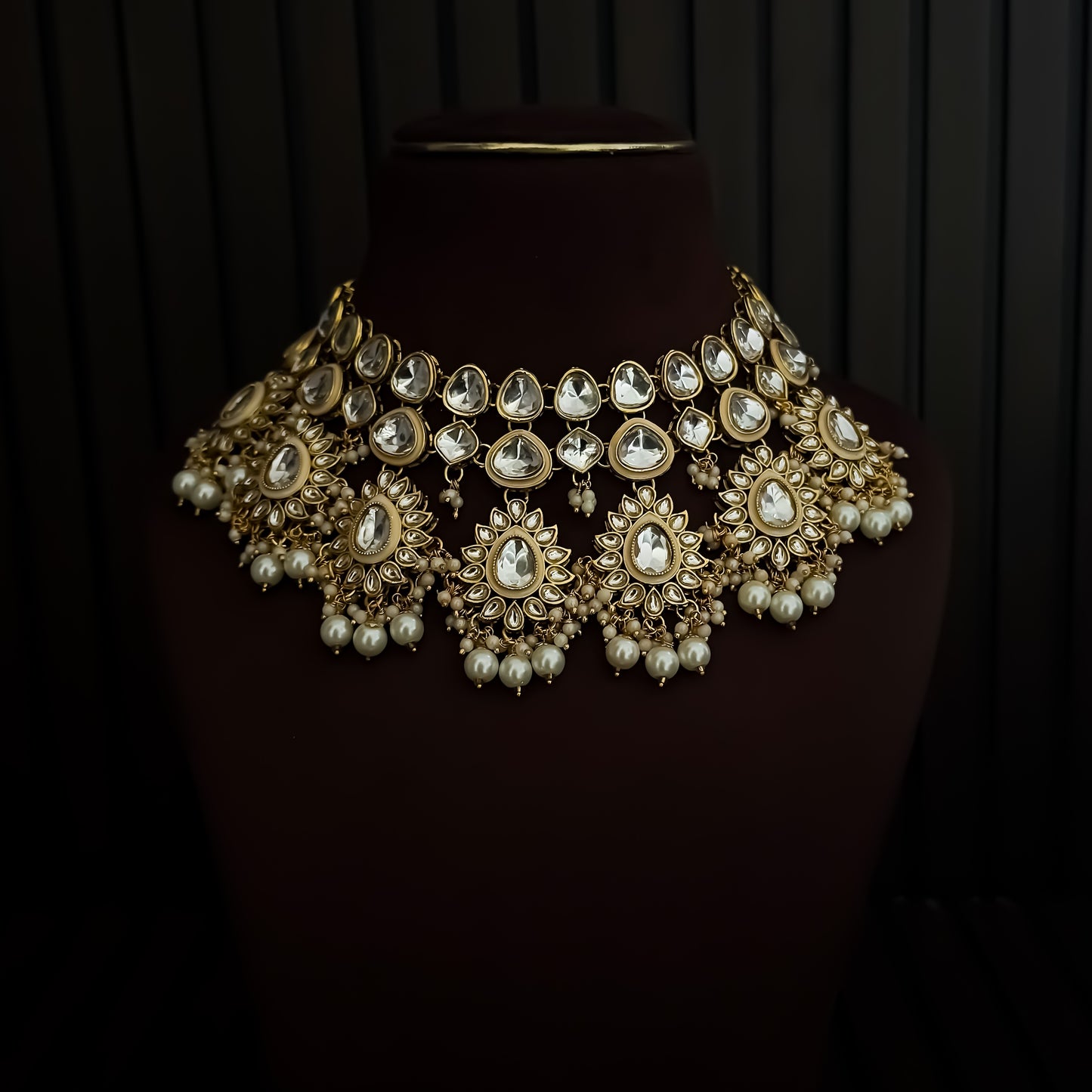 Swaraaj Premium Pearl Kundan Bridal Necklace Set - Golden