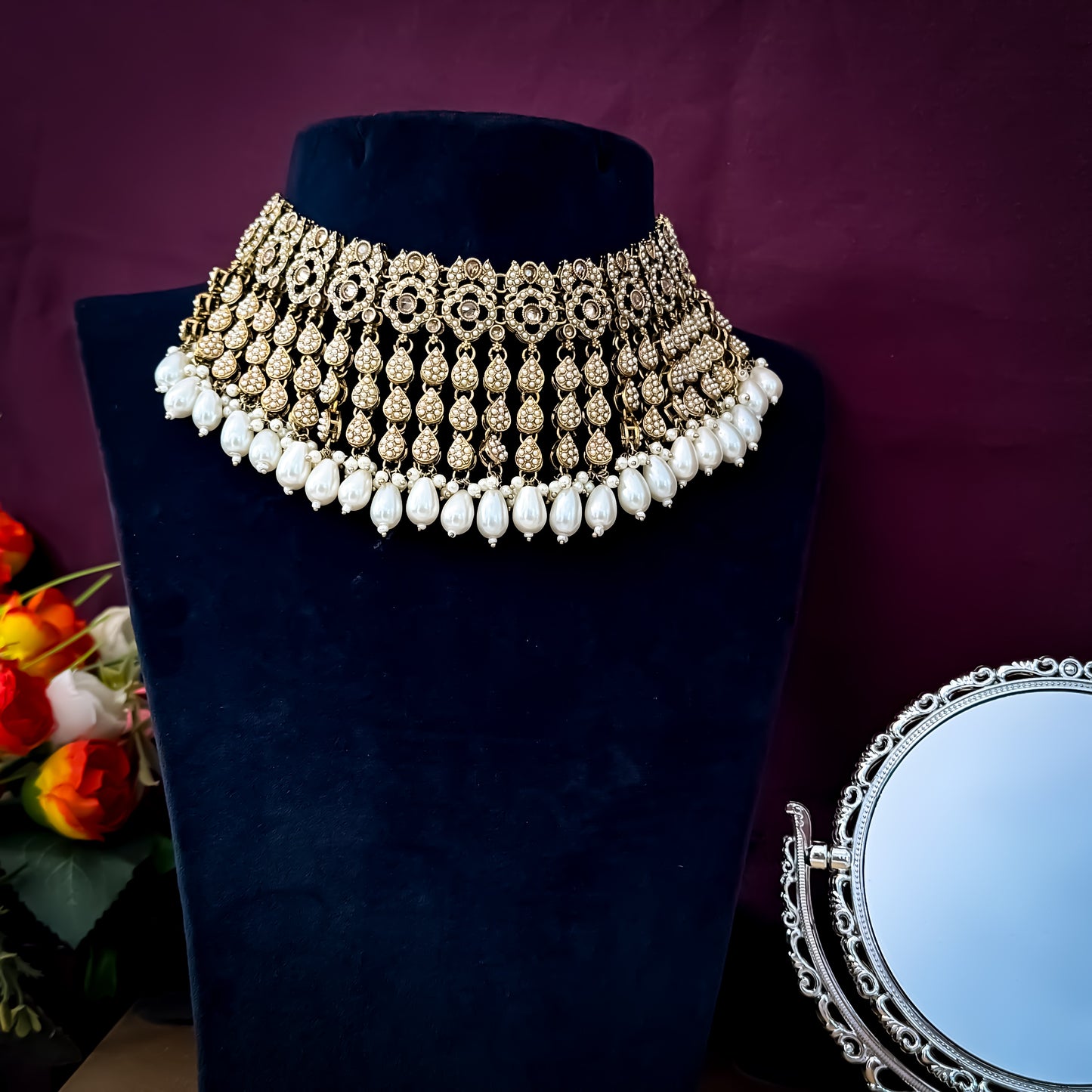 Riwaz Jadau Reverse AD Necklace Set - Golden