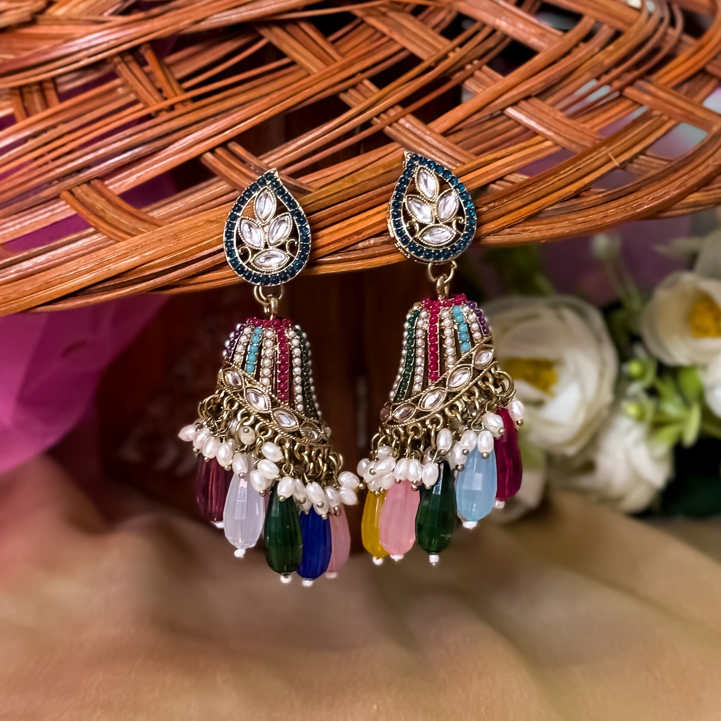Maheer premium antique gold kundan jhumka earrings featuring green teardrop studs umbrella domes and cascading multicolored gemstone drops