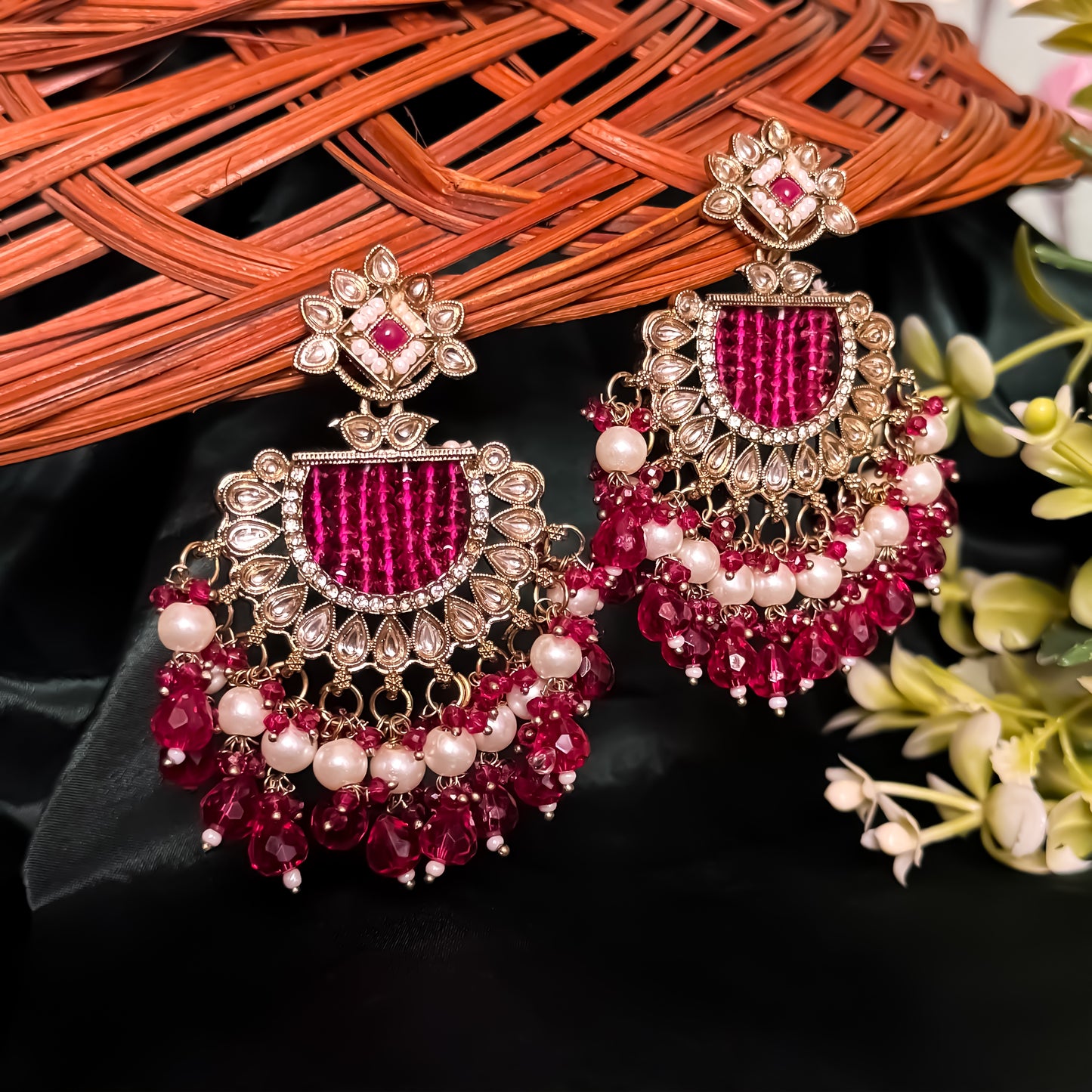Mansa Kundan Pearl Chandbali - Hot Pink