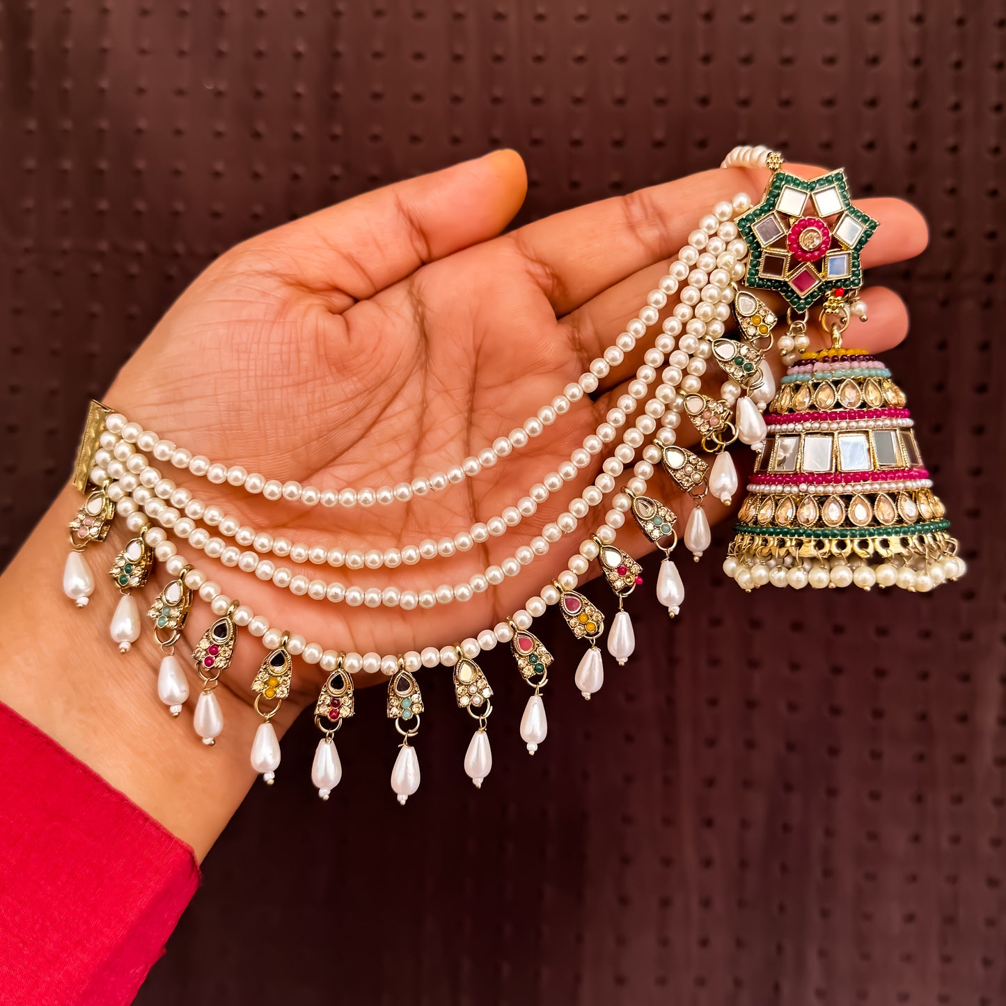 Rani Padmavat Jadau Jhumka Earrings with Sahara & Teeka - Multi