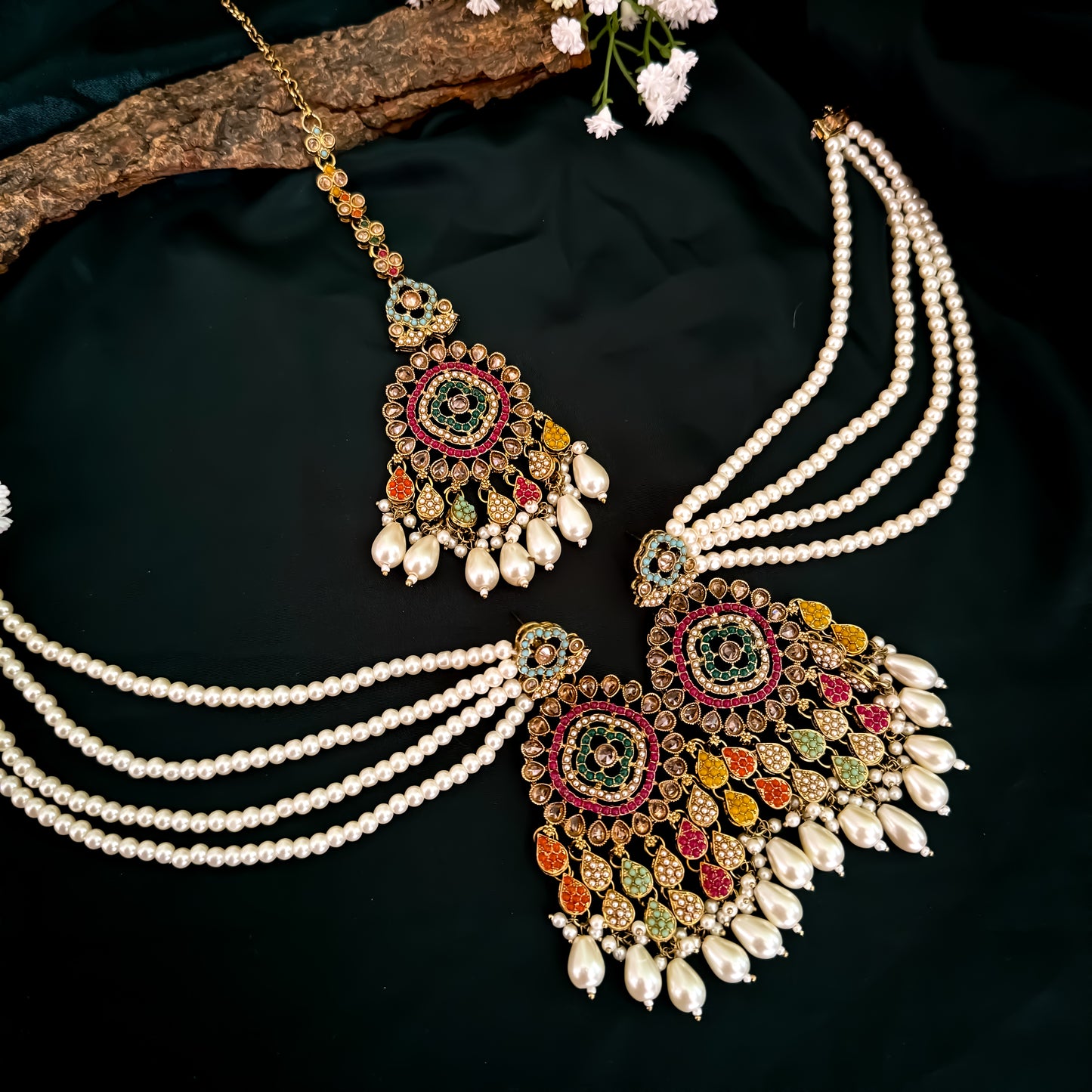 Riwaz Jadau Reverse AD Necklace Set - Multi