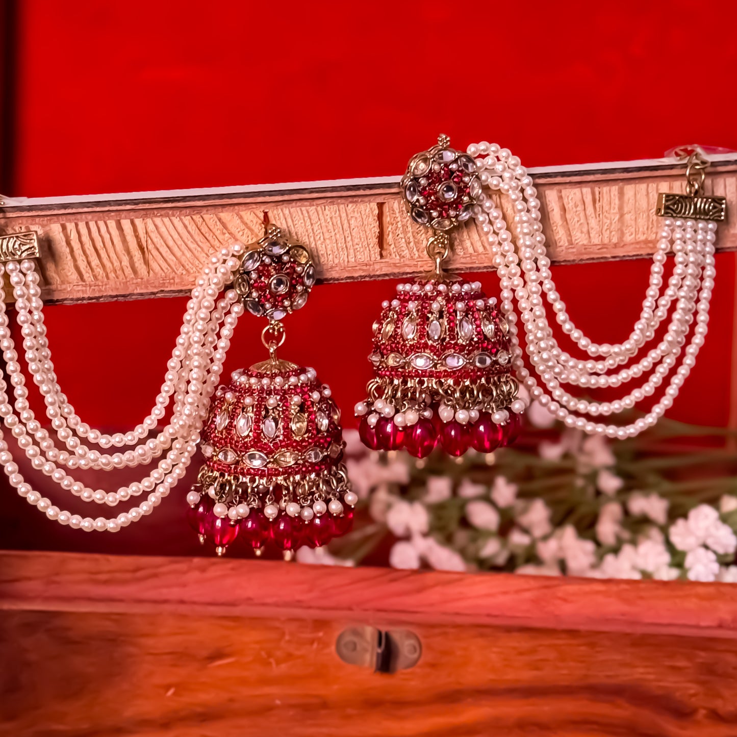 Mehvish Jadau Reverse AD Jhumka Earrings with Earchain - Hot Pink